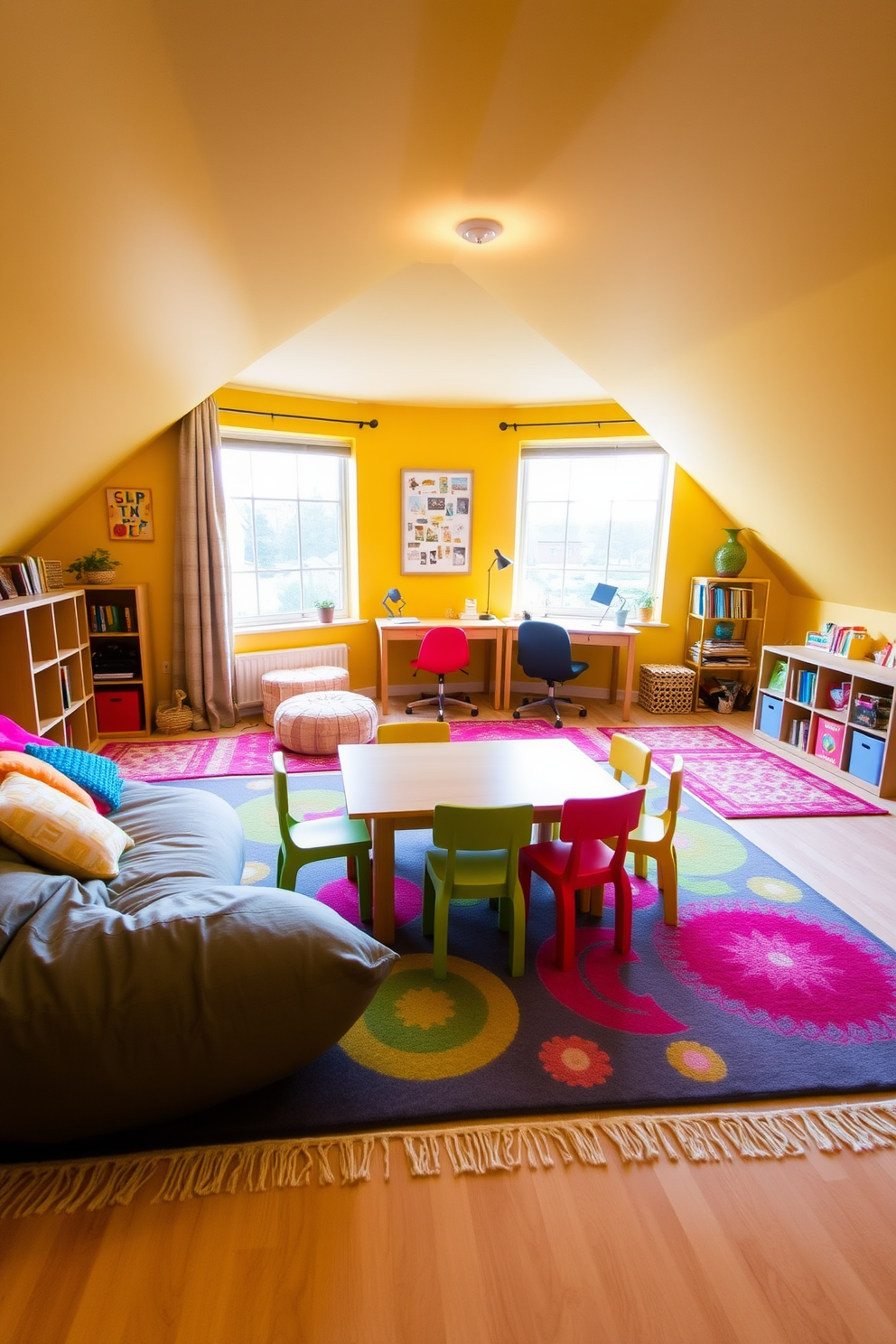 A playful children's playroom filled with bright colors. The walls are painted in a cheerful yellow, and colorful rugs cover the floor, creating a vibrant atmosphere. The room features a cozy reading nook with oversized cushions and a small bookshelf filled with children's books. A large play table in the center is surrounded by colorful chairs, inviting creativity and fun. Attic design ideas that maximize space and light. The room is transformed into a cozy retreat with sloped ceilings, featuring a comfortable seating area and large windows that allow natural light to flood in. A small workspace is integrated into the design with a stylish desk and shelves for organization. Soft, warm lighting and plush textiles create an inviting atmosphere perfect for relaxation or productivity.