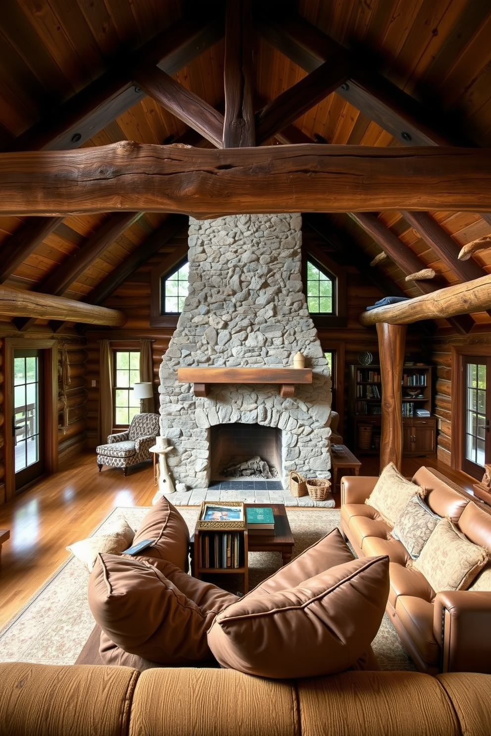 A rustic cabin retreat with wooden beams features a cozy living area adorned with a large stone fireplace. The furniture is a mix of leather and reclaimed wood, creating a warm and inviting atmosphere. The attic design ideas include a spacious loft with exposed rafters and large windows that flood the space with natural light. A comfortable reading nook is created with oversized cushions and a small bookshelf, perfect for relaxation.