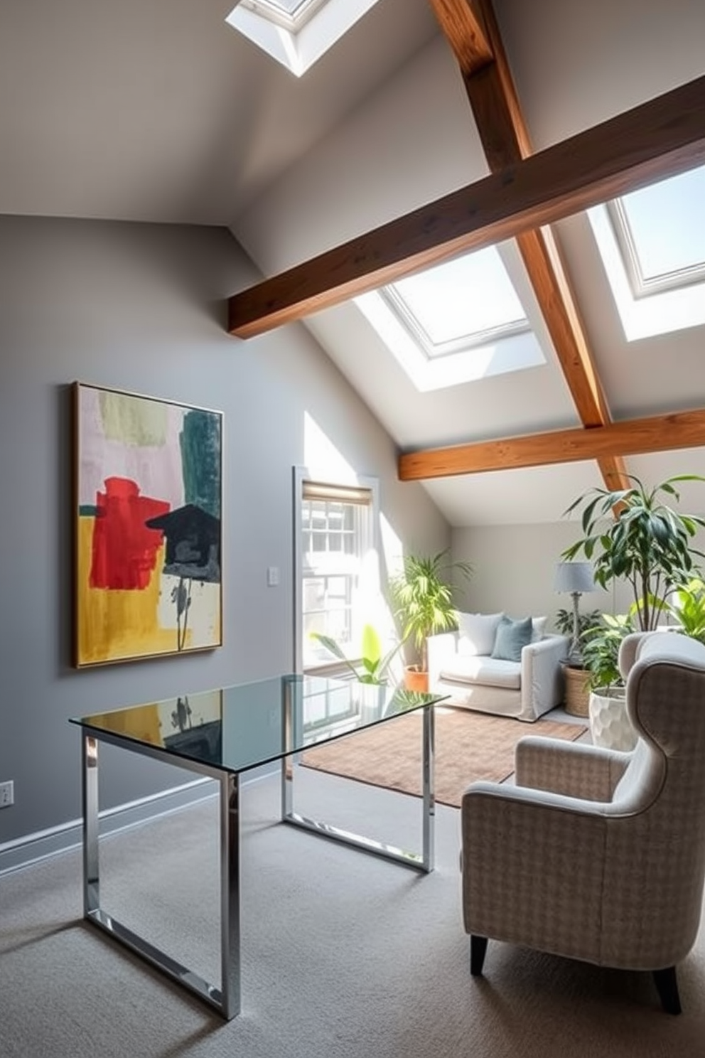 A serene meditation room with soft lighting. The walls are painted in a calming light blue hue and adorned with minimalistic artwork. A plush rug covers the wooden floor, providing a cozy space for meditation. In one corner, there is a comfortable floor cushion surrounded by candles and plants for a tranquil atmosphere. Attic design ideas that maximize space and light. The room features sloped ceilings with skylights that let in natural light, creating an airy feel. A cozy reading nook is created with a built-in bookshelf and a window seat filled with cushions. The decor includes soft textiles and warm colors to enhance the inviting atmosphere.