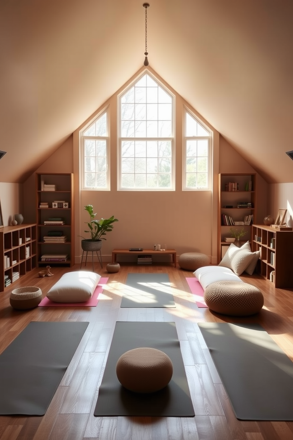 A serene yoga studio featuring calming colors. The walls are painted in soft pastel shades, and natural light filters through large windows, creating a tranquil atmosphere. Cozy attic design ideas that maximize space and comfort. Incorporate built-in shelving, soft lighting, and plush seating to create a welcoming retreat.