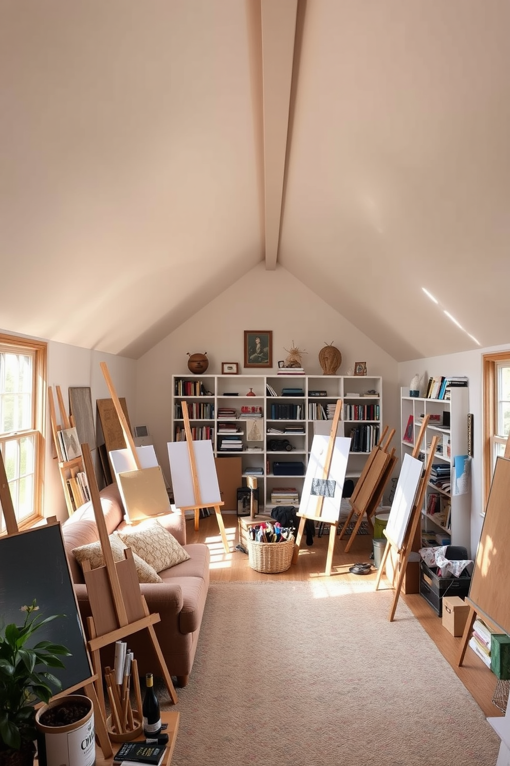 Artistic studio space for creative projects. The room features large windows that allow natural light to flood in, illuminating a collection of easels and art supplies scattered throughout. Attic Design Ideas. The space is transformed into a cozy retreat with sloped ceilings, featuring a plush seating area, soft lighting, and built-in shelves filled with books and decorative items.