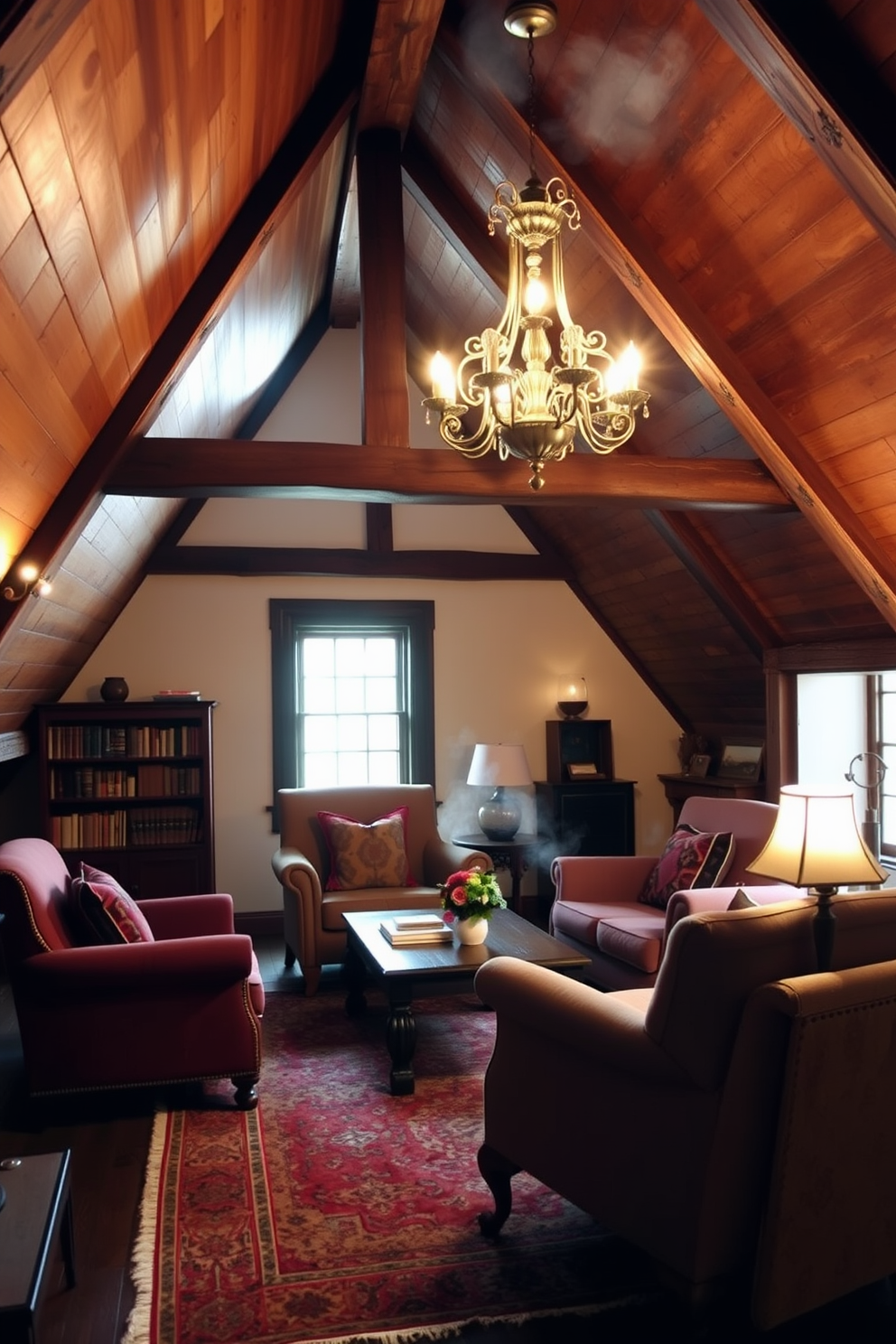 A vintage-inspired attic lounge area features exposed wooden beams and a sloped ceiling that create a cozy atmosphere. Plush armchairs in rich fabrics are arranged around a low coffee table, complemented by a vintage rug that adds warmth to the space. Soft ambient lighting emanates from a stylish chandelier, casting a warm glow over the room. An antique bookshelf filled with classic novels and decorative items lines one wall, while a small side table holds a vintage lamp and a steaming cup of tea.