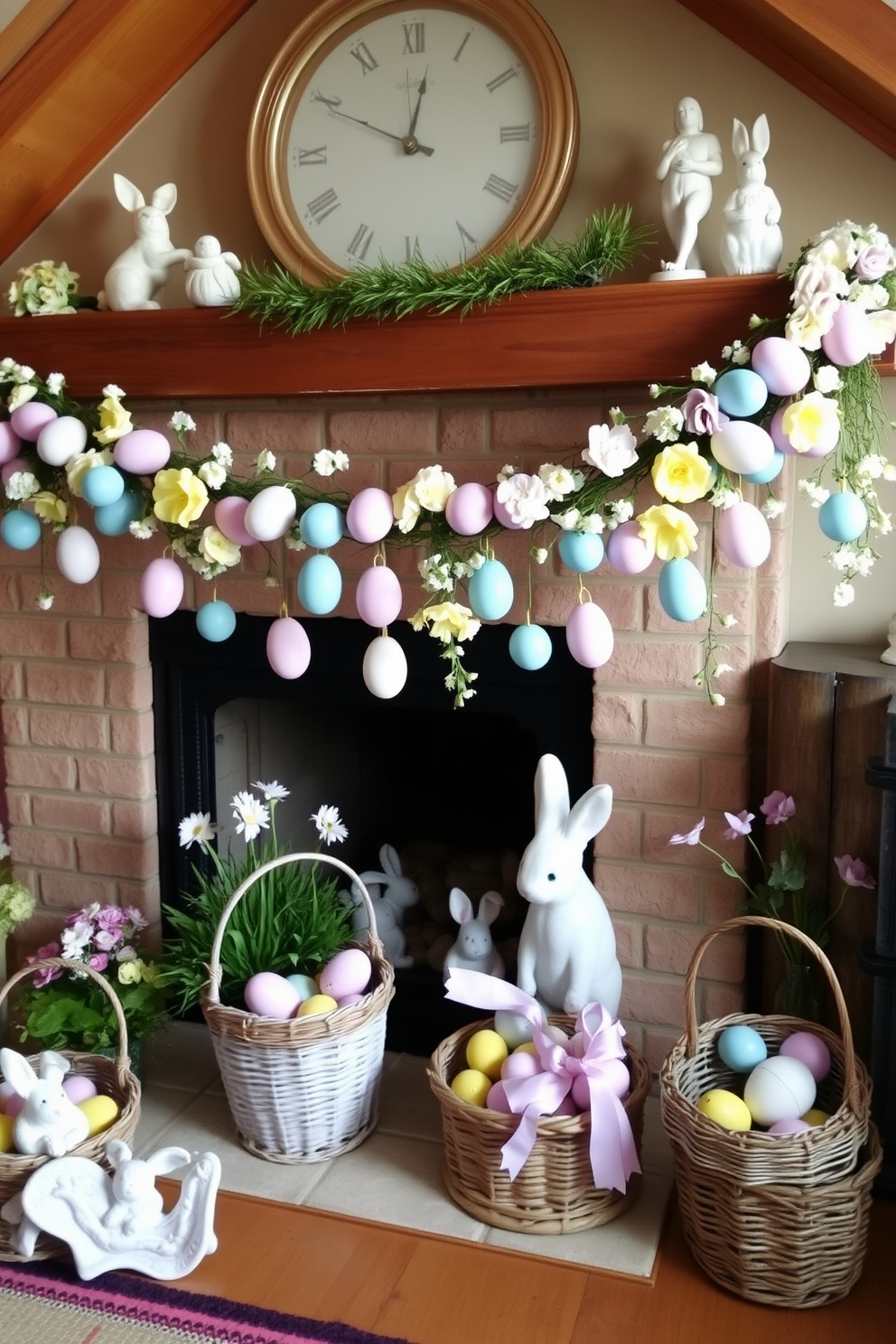 A charming Easter-themed garland made of pastel-colored eggs and flowers drapes elegantly across the mantel. Soft hues of pink, blue, and yellow create a festive atmosphere, enhancing the cozy attic space. The attic is adorned with whimsical decorations, including bunnies and spring flowers, complementing the garland. Vintage baskets filled with colorful eggs add a playful touch to the overall decor.