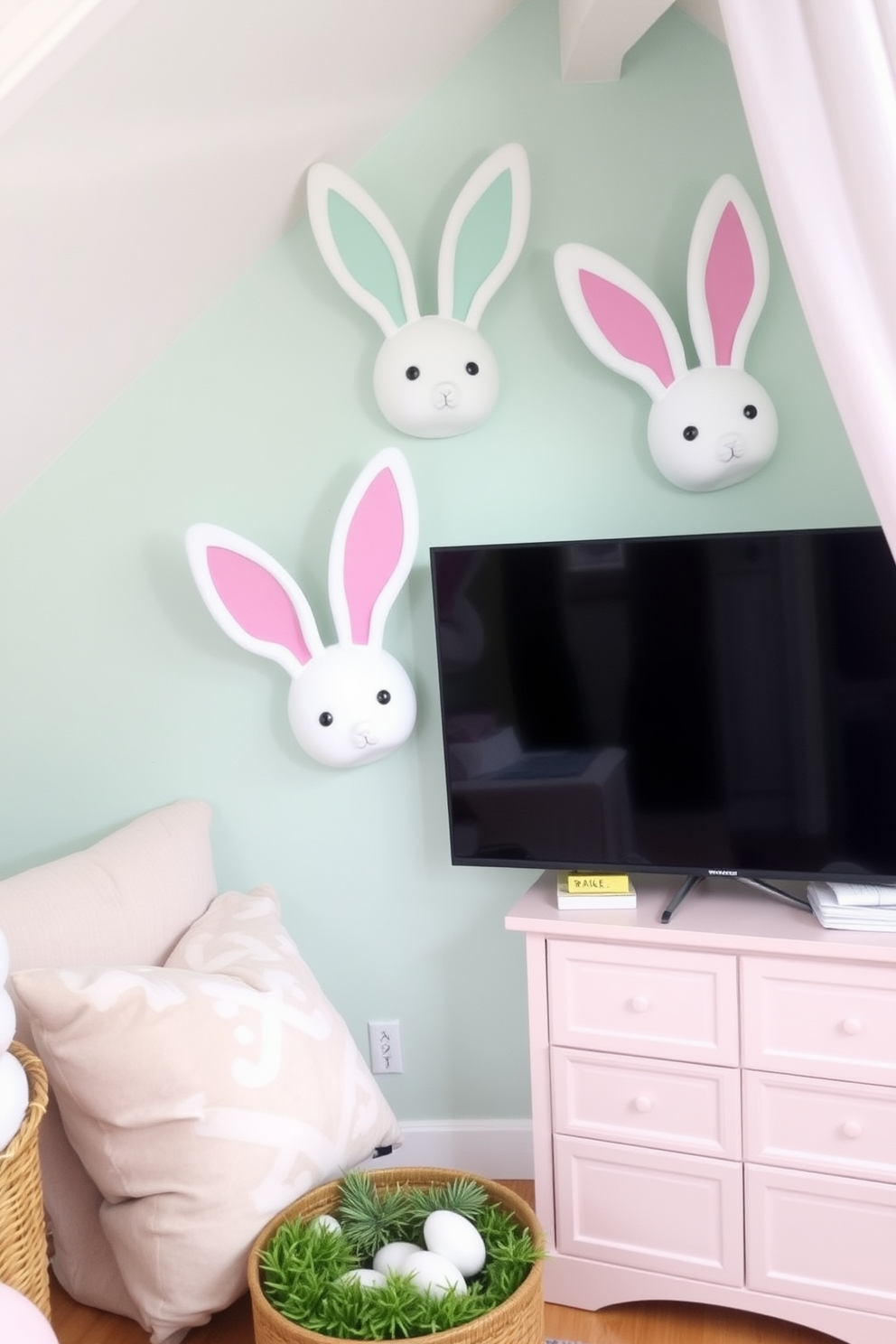 A charming attic space adorned for Easter. In the center, a colorful Easter basket filled with faux grass sits atop a rustic wooden table, surrounded by pastel-colored eggs and delicate spring flowers.