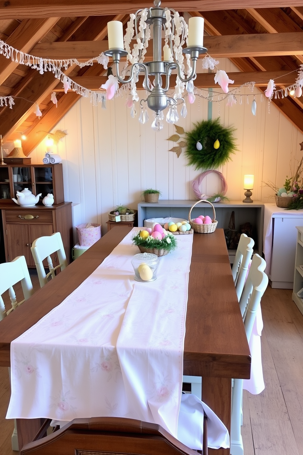 A set of pastel colored table runners elegantly drapes over a long wooden dining table. The runners are adorned with delicate floral patterns, adding a touch of springtime charm to the setting. The attic is transformed into a whimsical Easter wonderland with pastel decorations. Colorful eggs are nestled in vintage baskets, while soft lighting creates a cozy and inviting atmosphere for holiday gatherings.