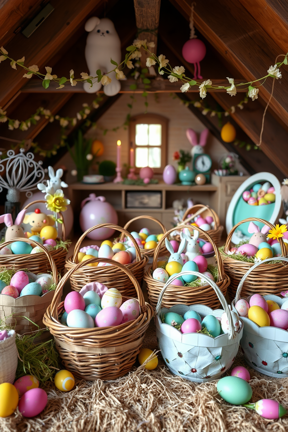 A charming Easter egg hunt display featuring colorful baskets filled with decorated eggs. The scene is set in a cozy attic with soft lighting, showcasing pastel-colored decorations and playful accents. Baskets of various sizes are artfully arranged, each filled with a mix of painted eggs and small toys. The attic is adorned with whimsical garlands and spring-themed decor, creating a festive atmosphere.