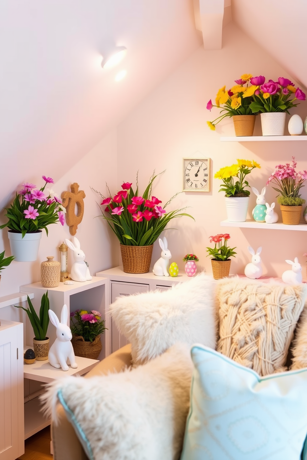 Create a cozy attic space decorated for Easter. The corners are filled with vibrant potted spring flowers, adding a fresh and cheerful ambiance to the room. Soft pastel colors adorn the walls, while decorative bunnies and eggs are tastefully arranged on shelves and surfaces. A comfortable seating area with plush cushions invites relaxation, enhancing the festive atmosphere.