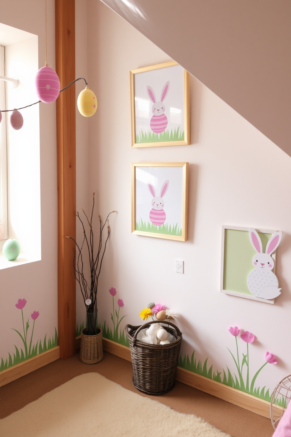 Easter themed artwork adorns the walls creating a festive atmosphere. The decorations include pastel-colored eggs and whimsical bunnies, enhancing the charm of the attic space.