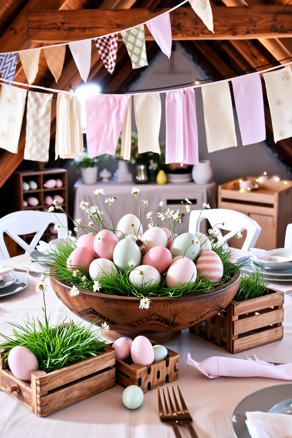 Creative egg centerpieces for tables. A collection of beautifully decorated eggs in various pastel colors arranged in a rustic wooden bowl at the center of the table. Surrounding the bowl are delicate spring flowers in soft hues, adding a fresh touch to the display. The table is set with elegant dinnerware, featuring a light linen tablecloth that complements the pastel theme. Attic Easter decorating ideas. The attic is transformed into a whimsical Easter haven with colorful bunting made from fabric scraps hanging from the beams. Vintage wooden crates are filled with faux grass and nestled with painted eggs, while fairy lights twinkle softly, creating a cozy and inviting atmosphere.