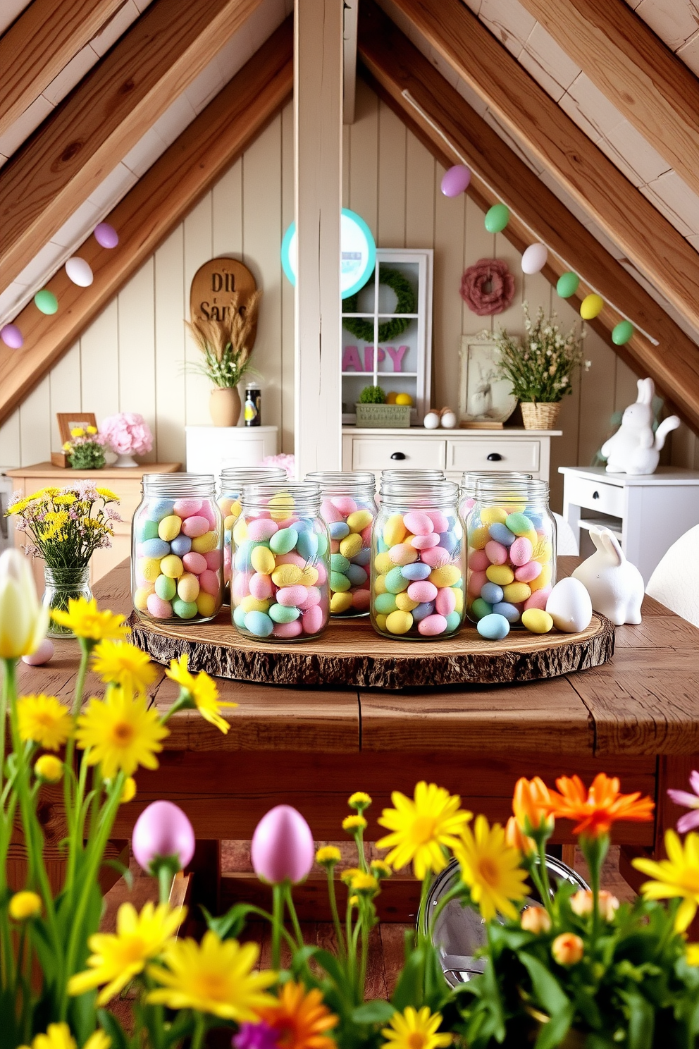 A cozy attic space decorated for Easter. Mason jars filled with colorful candy eggs are arranged on a rustic wooden table, surrounded by pastel-colored decorations and spring flowers.