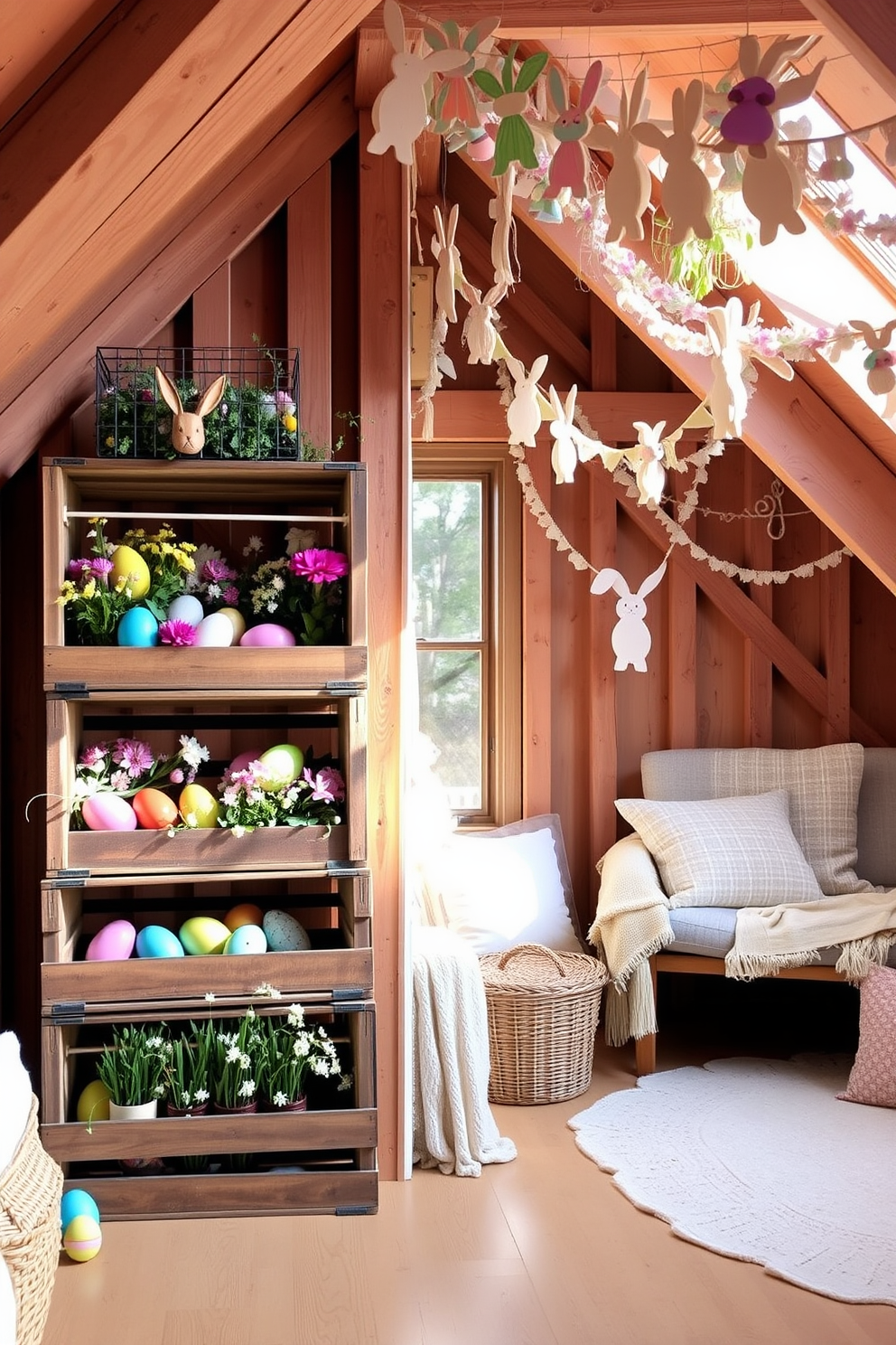 Rustic wooden crates are stacked in an artistic arrangement, showcasing a collection of colorful Easter eggs and spring flowers. The crates are placed near a window, allowing natural light to illuminate the vibrant decorations and create a warm, inviting atmosphere. For the attic, whimsical Easter decorations are hung from the beams, including pastel-colored garlands and delicate paper bunnies. A cozy seating area features soft cushions and throws, inviting guests to relax and enjoy the festive ambiance.