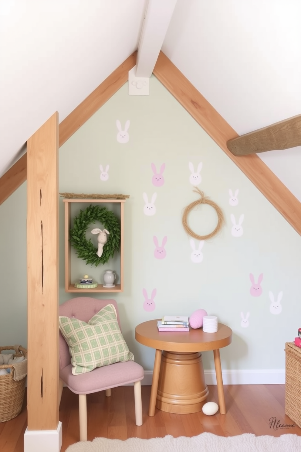 Spring-themed wall decals adorn the walls, featuring vibrant flowers and playful bunnies that bring a cheerful atmosphere to the attic. Soft pastel colors create a light and airy feel, perfect for celebrating the Easter season. Cozy seating is arranged in the corner, surrounded by colorful throw pillows that invite relaxation. Easter-themed decorations, like painted eggs and whimsical garlands, add a festive touch to the space.