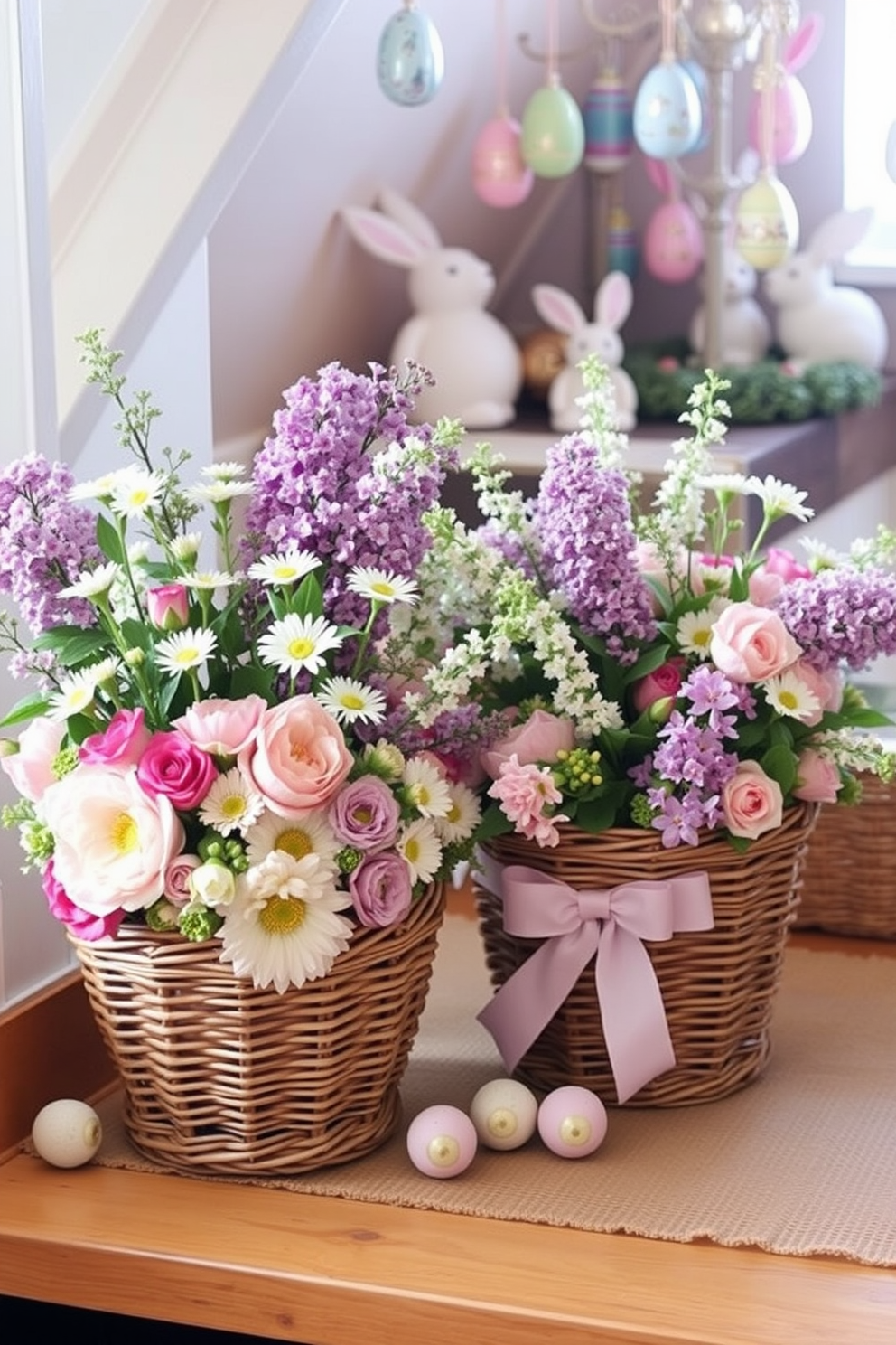 Floral arrangements in vintage baskets. The baskets are woven from natural fibers and feature a variety of colorful blooms such as peonies, daisies, and lilacs, creating a charming and inviting atmosphere. Attic Easter Decorating Ideas. The attic is adorned with pastel-colored decorations, including hand-painted eggs and whimsical bunnies, while soft, warm lighting enhances the cozy and festive vibe of the space.