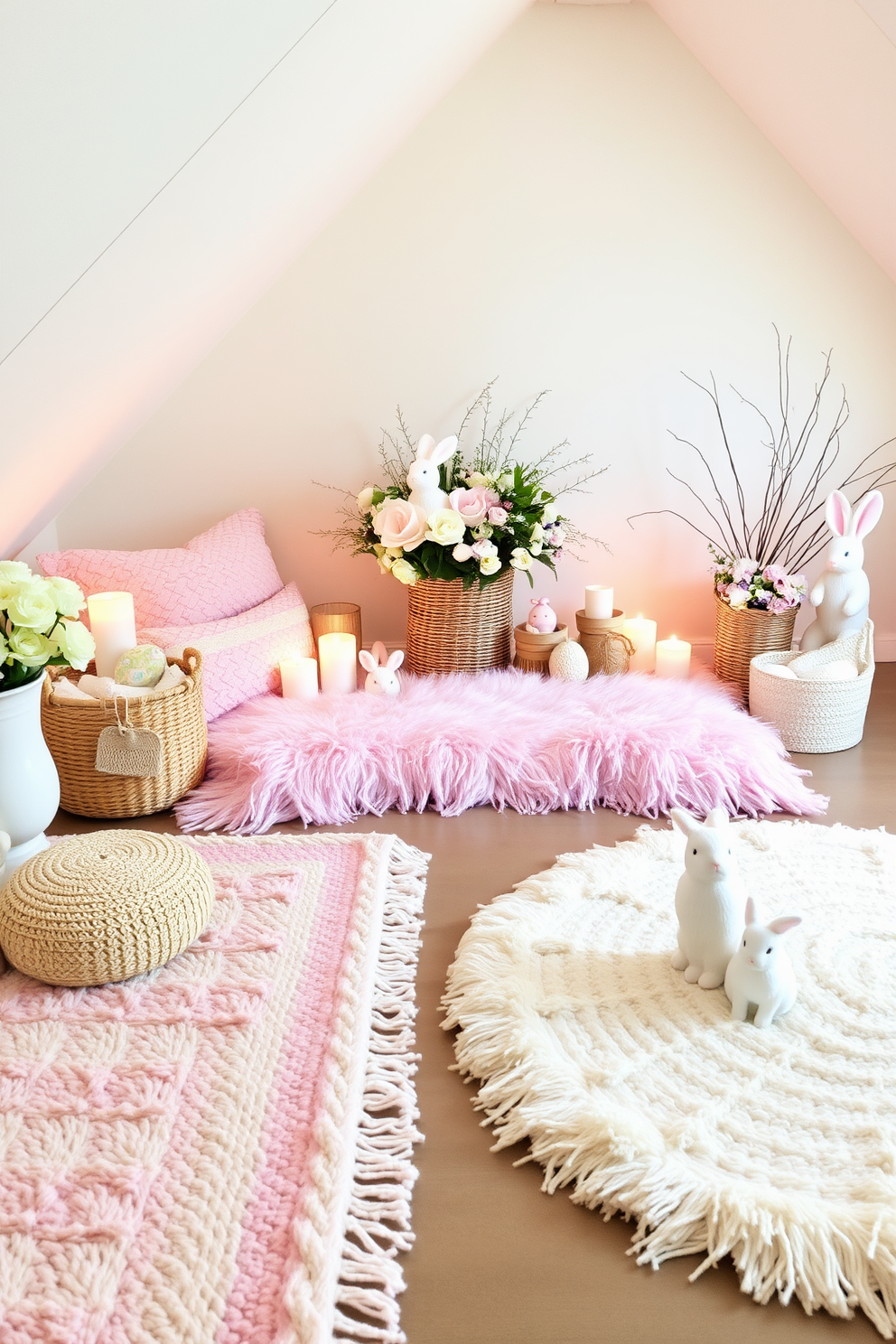 Cozy reading nook with Easter touches. A plush armchair is positioned next to a large window, draped with pastel-colored curtains. A small side table holds a stack of Easter-themed books and a decorative bunny figurine. Soft, colorful throw pillows add warmth, while a woven basket filled with Easter eggs sits in the corner. Attic Easter Decorating Ideas. The attic is adorned with whimsical decorations, including hanging paper lanterns in pastel shades. A vintage trunk serves as a coffee table, surrounded by cozy blankets and cushions for a festive atmosphere.