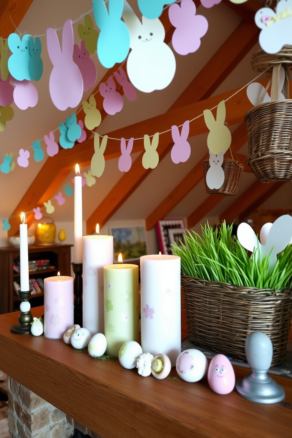 Easter themed candles are artfully arranged on a rustic wooden mantel, creating a warm and inviting atmosphere. The candles come in various pastel colors, each adorned with delicate floral patterns, enhancing the festive spirit. In the attic, whimsical Easter decorations bring charm and creativity to the space. Colorful garlands made of paper eggs and bunnies hang from the beams, while vintage baskets filled with faux grass and treats add a playful touch.