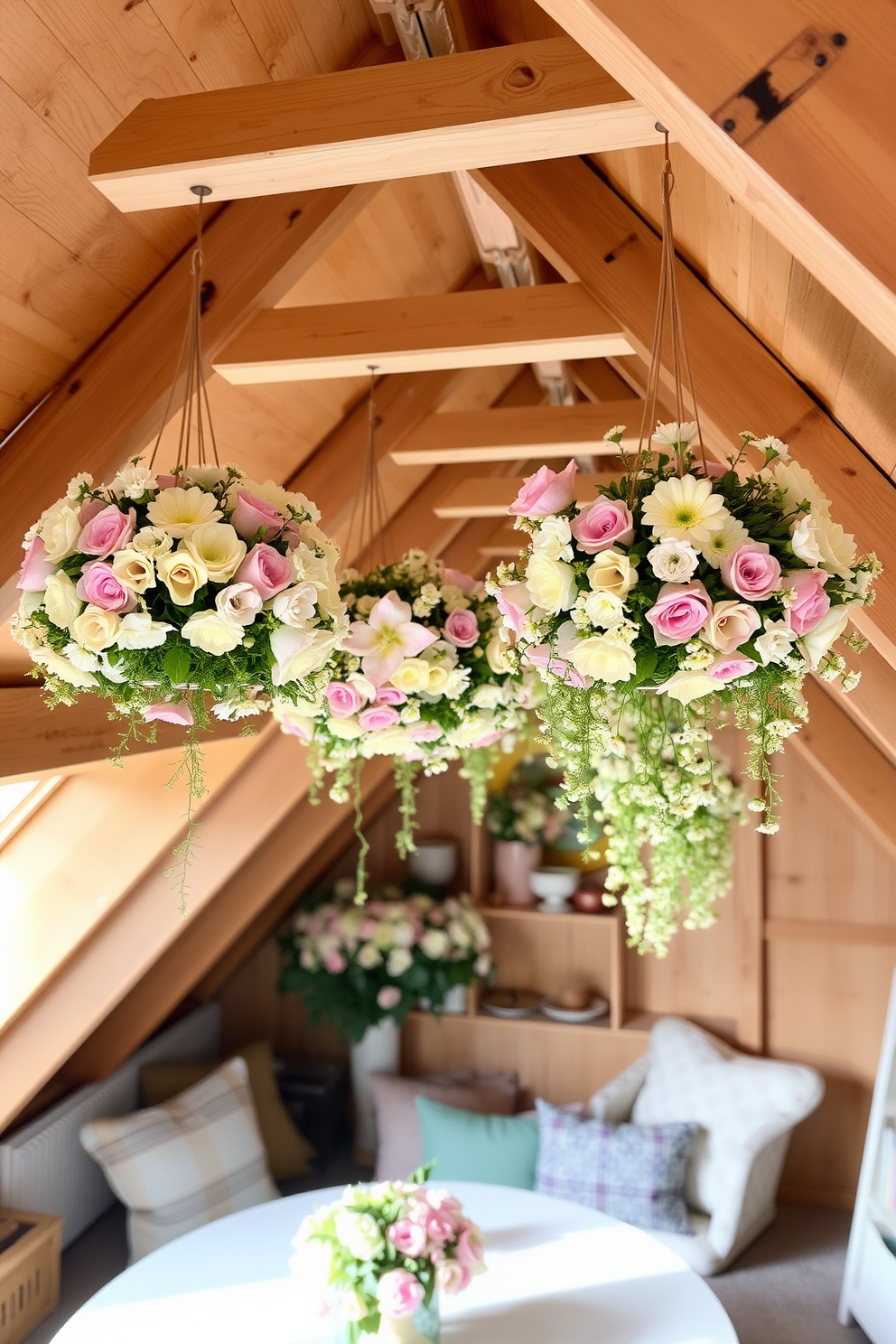 A cozy attic space adorned with hanging floral arrangements from the ceiling. The flowers are a mix of pastel colors, creating a cheerful and inviting atmosphere for Easter celebrations.