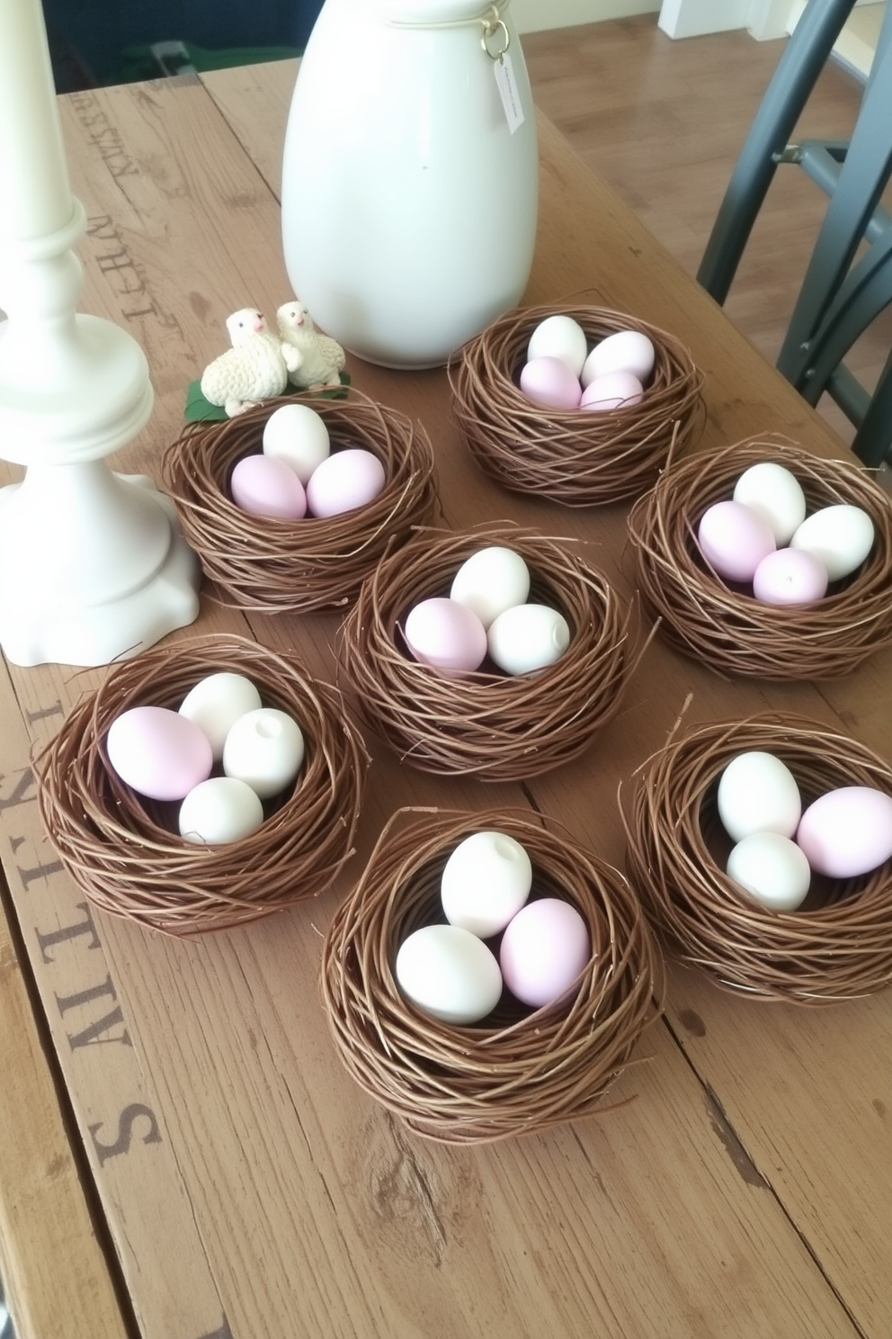 Charming bird nests with faux eggs are arranged on a rustic wooden table. Delicate pastel colors and natural materials create a warm and inviting atmosphere for your Easter decor.