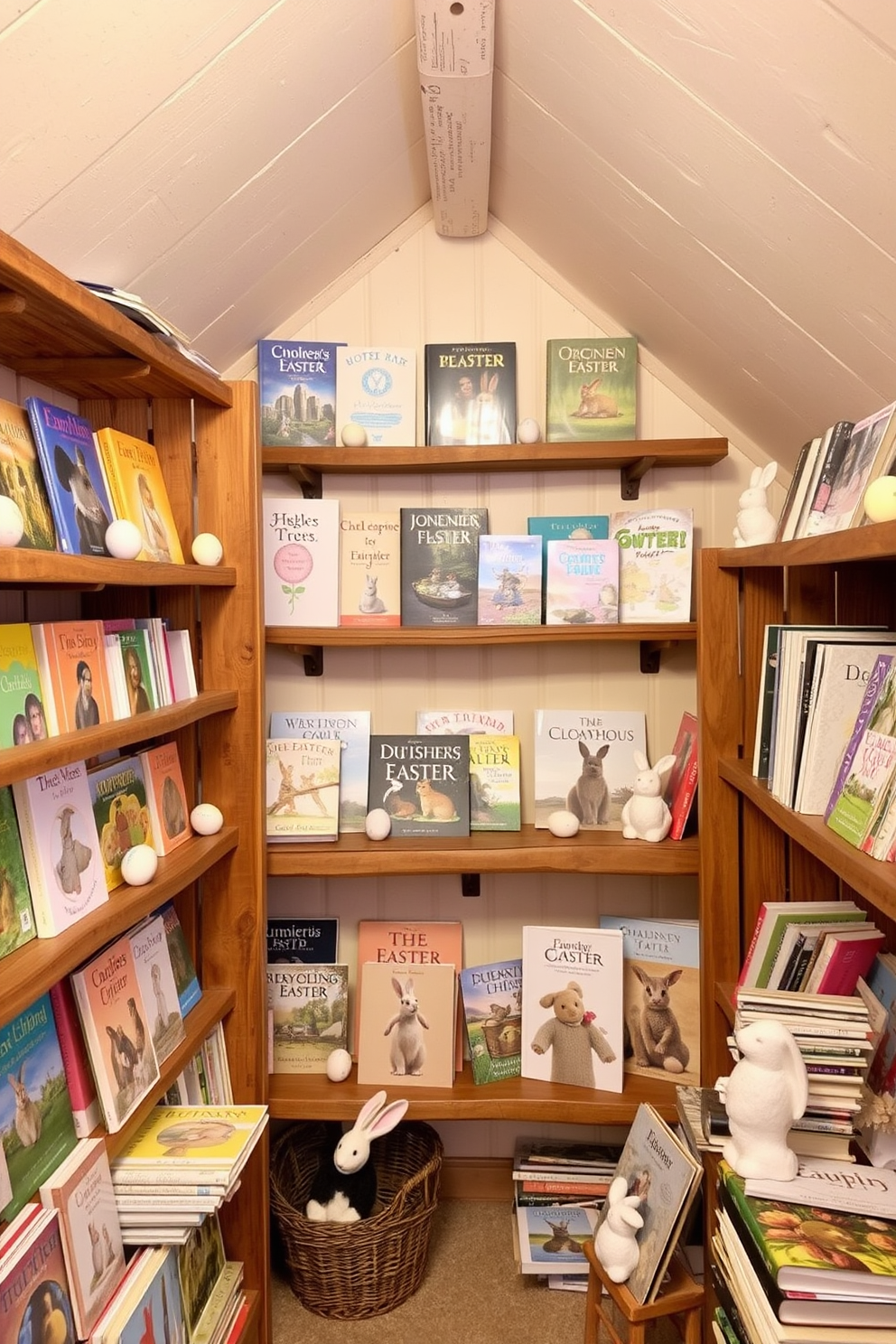 A cozy attic space filled with seasonal books displayed on rustic wooden shelves. The shelves are adorned with colorful book covers and small decorative items that reflect the Easter theme. The walls are painted in soft pastel colors, creating a warm and inviting atmosphere. Delicate Easter decorations, such as painted eggs and bunny figurines, are strategically placed throughout the space to enhance the seasonal charm.