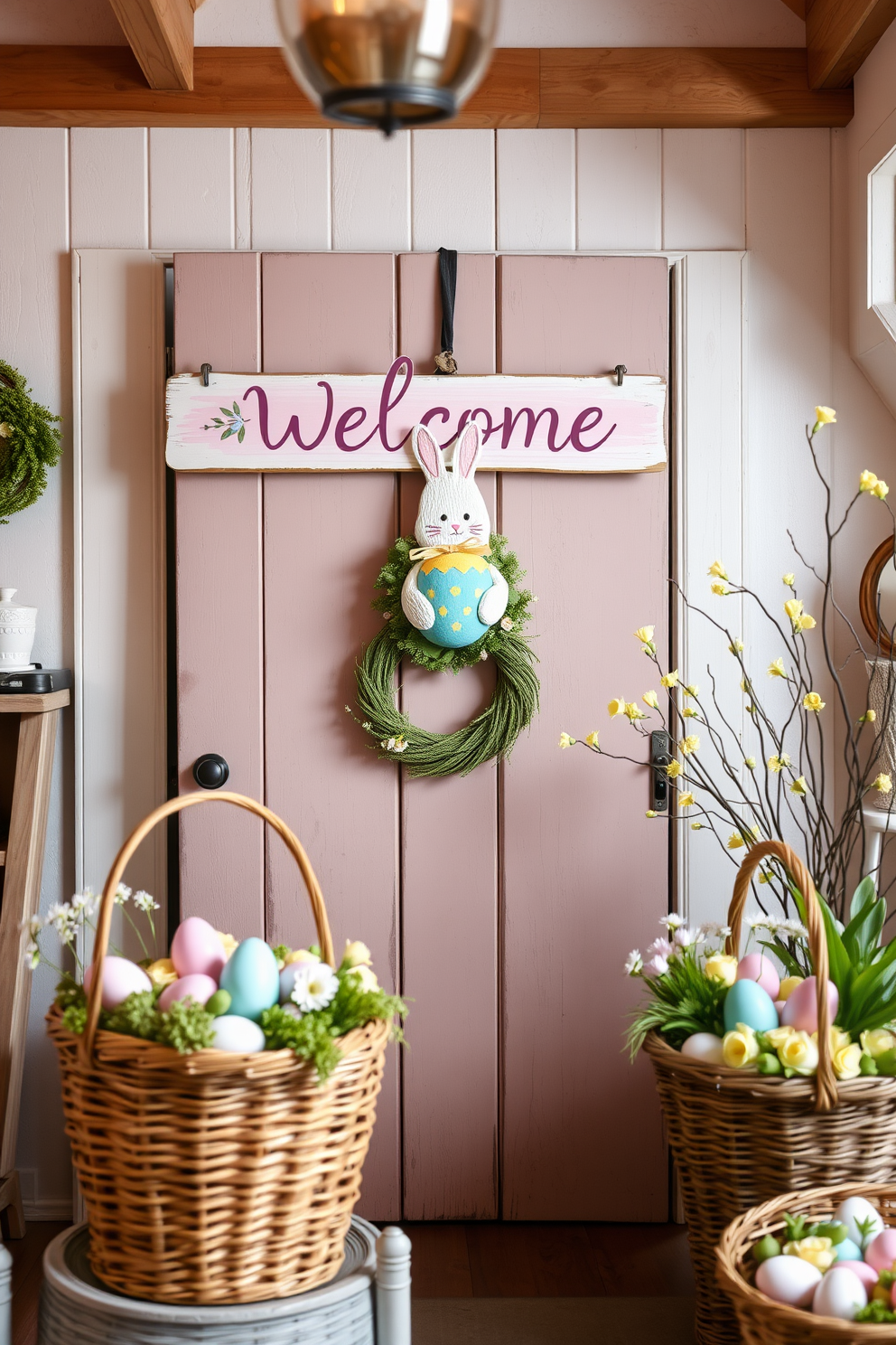 Vintage suitcases filled with decorations are stacked creatively in a cozy attic space. The suitcases are adorned with pastel-colored Easter eggs and delicate spring flowers, adding a whimsical touch to the decor. For Easter decorating ideas in the attic, consider using soft lighting to create a warm ambiance. Hang garlands made of paper bunnies and colorful eggs from the beams to enhance the festive atmosphere.