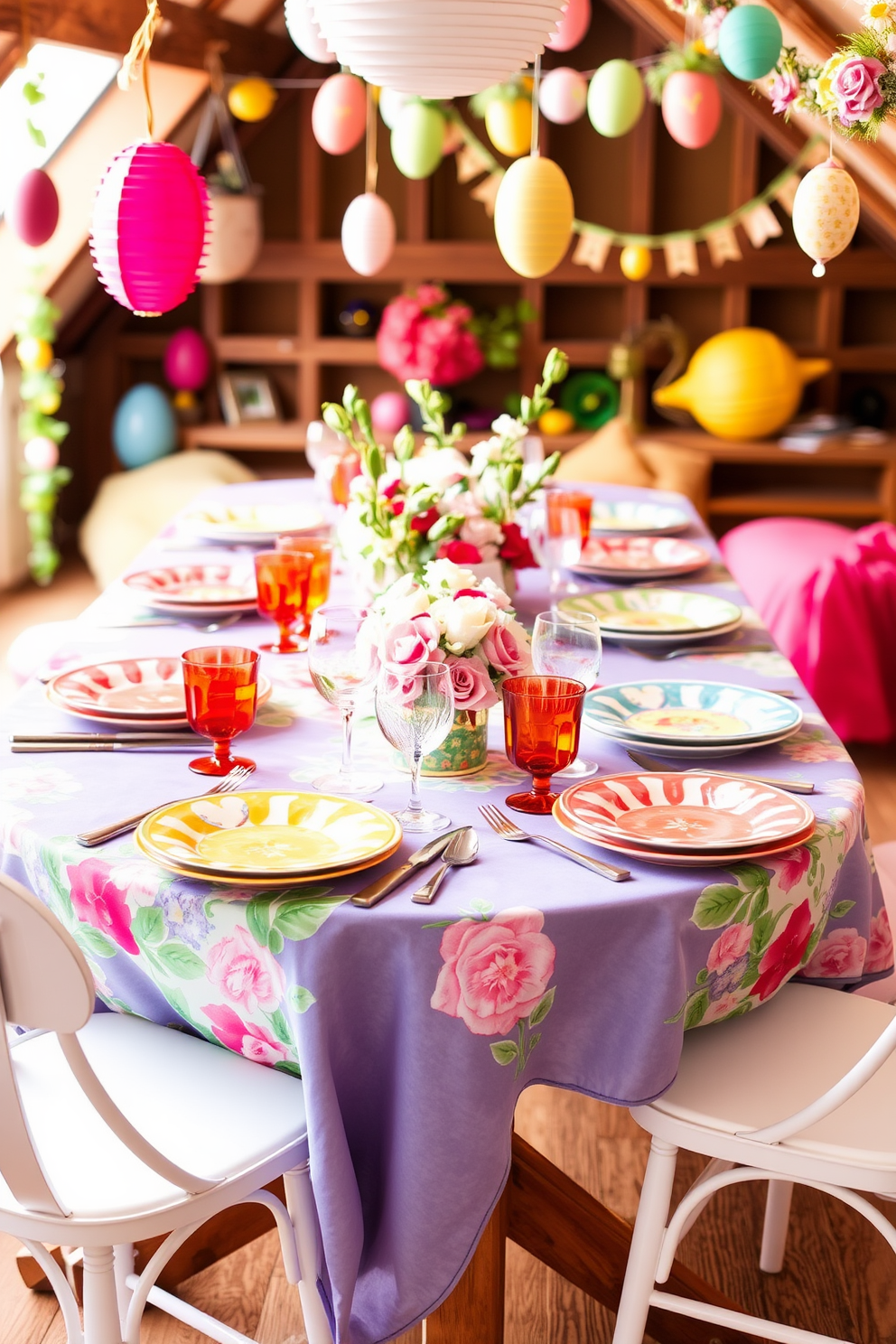 Brightly colored table settings for brunch. The table is adorned with vibrant tablecloths and an array of mismatched plates, each featuring cheerful floral patterns. Attic Easter Decorating Ideas. The space is filled with pastel-colored decorations, including hanging eggs and spring-themed garlands, creating a whimsical atmosphere.