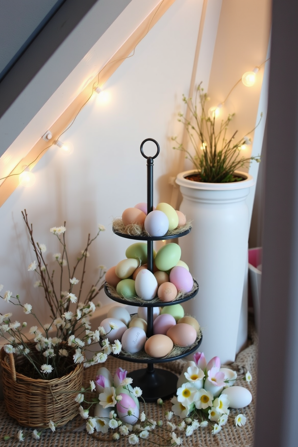 A charming attic space decorated for Easter. A tiered stand displays an assortment of decorative eggs in pastel colors, surrounded by delicate spring flowers and soft lighting.