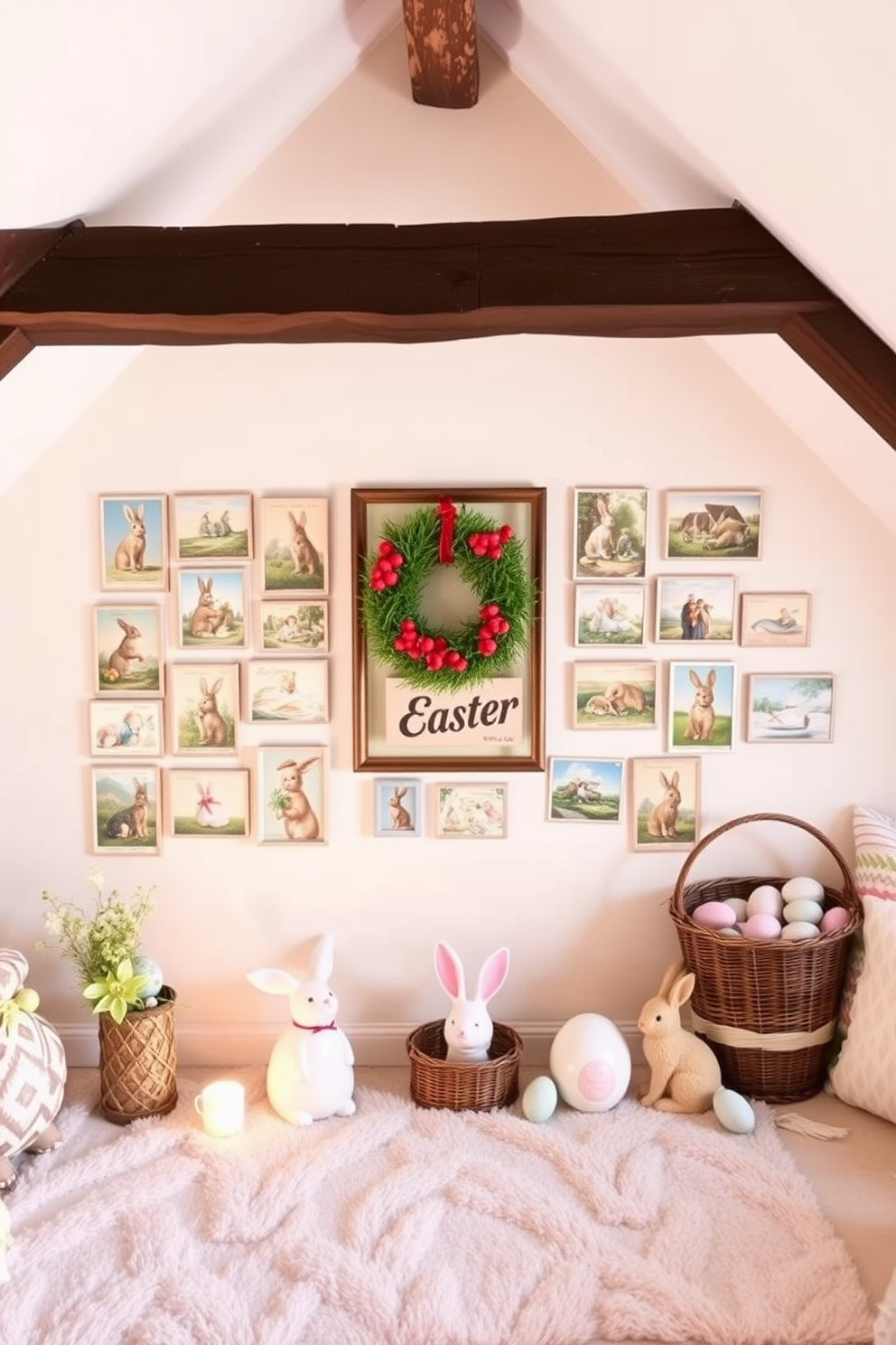 Vintage Easter postcards as wall art create a charming and nostalgic atmosphere in the space. They are arranged in a gallery-style layout on a soft pastel-colored wall, enhancing the room's festive spirit. Attic Easter decorating ideas transform the hidden space into a whimsical retreat. Soft lighting and playful pastel decorations, such as bunnies and eggs, bring warmth and joy to the attic's cozy corners.