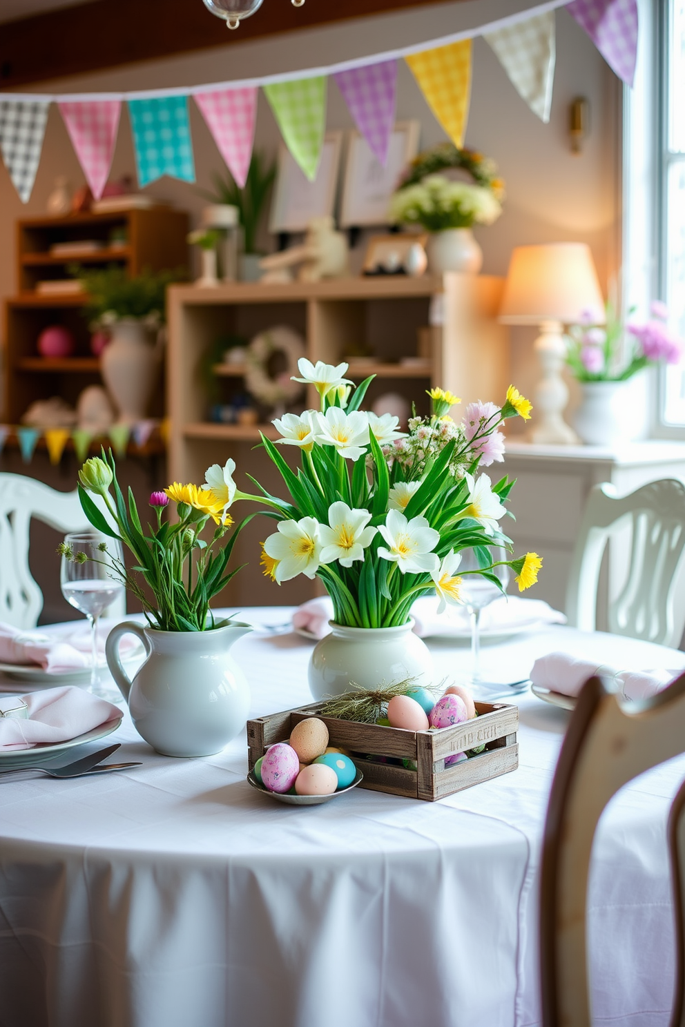 Spring themed table settings with flowers. A beautifully set dining table adorned with a pastel tablecloth features an arrangement of fresh spring flowers in a ceramic vase. Attic Easter Decorating Ideas. The attic is transformed into a whimsical Easter space with colorful bunting, decorated eggs nestled in vintage crates, and soft lighting creating a cozy atmosphere.