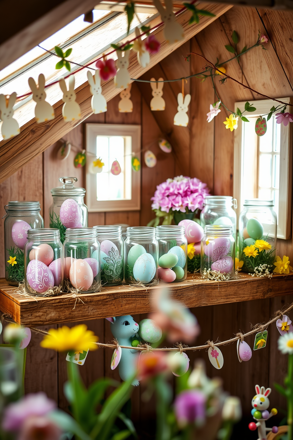 Colorful Easter eggs are beautifully displayed in a variety of glass jars, showcasing an array of pastel colors and intricate designs. The jars are arranged on a rustic wooden shelf, creating a charming focal point in the attic space. The attic is adorned with whimsical Easter decorations, including garlands of paper bunnies and spring flowers. Soft, natural light filters through the small windows, illuminating the cheerful decor and enhancing the festive atmosphere.