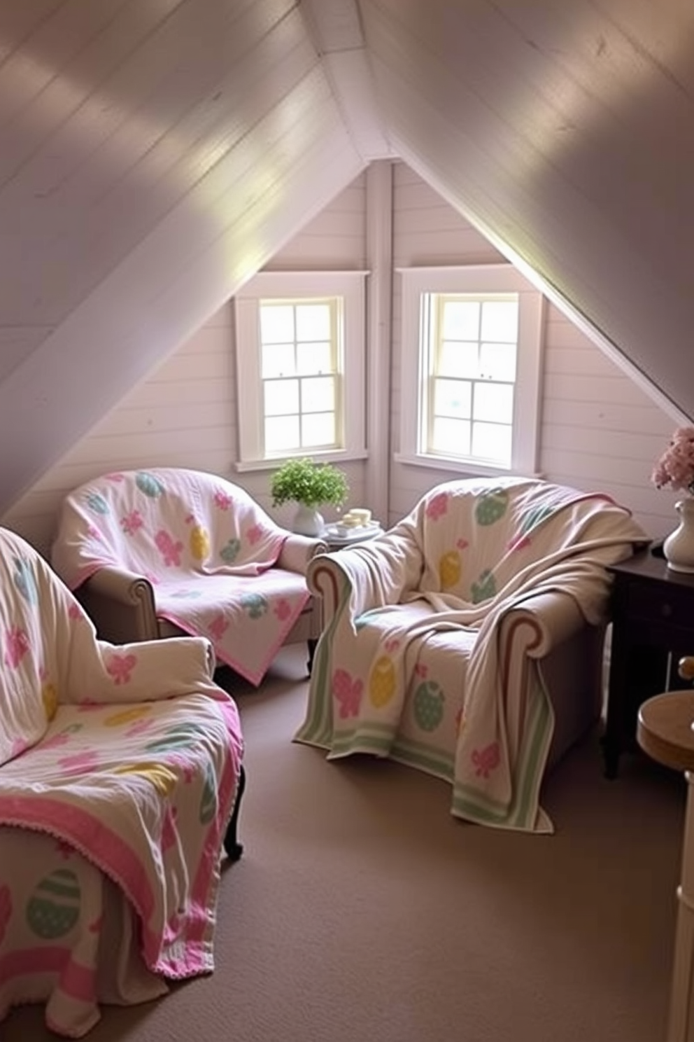 A cozy attic space adorned with pastel-colored Easter themed quilts draped elegantly over vintage furniture. Soft natural light filters through the small windows, highlighting the cheerful patterns and creating a warm and inviting atmosphere.