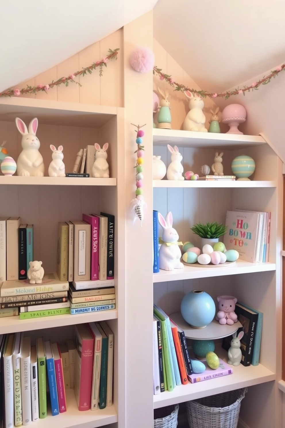 A charming attic space decorated for Easter features bookshelves adorned with whimsical bunny figurines. The shelves are filled with colorful books and pastel decorations, creating a festive and inviting atmosphere.