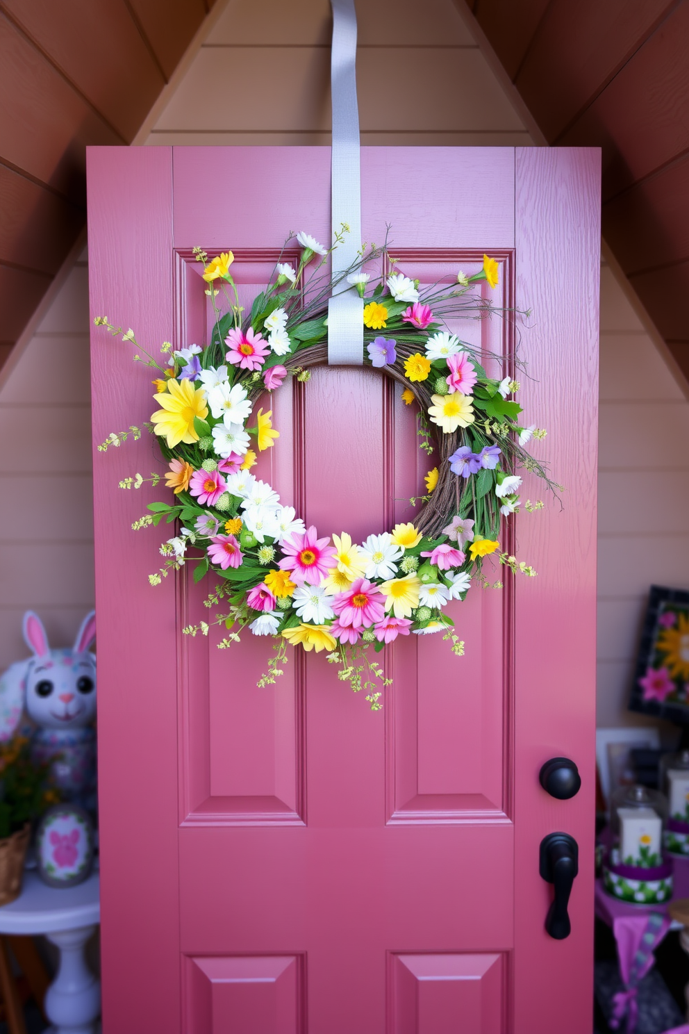 A charming Easter-themed table centerpiece arrangement features a large pastel-colored vase filled with an assortment of fresh spring flowers. Surrounding the vase are decorative eggs in various sizes and patterns, scattered on a soft linen table runner. For attic Easter decorating ideas, the space is adorned with whimsical garlands made of paper bunnies and colorful eggs. Soft, ambient lighting creates a cozy atmosphere, highlighting vintage Easter decorations placed on rustic wooden shelves.