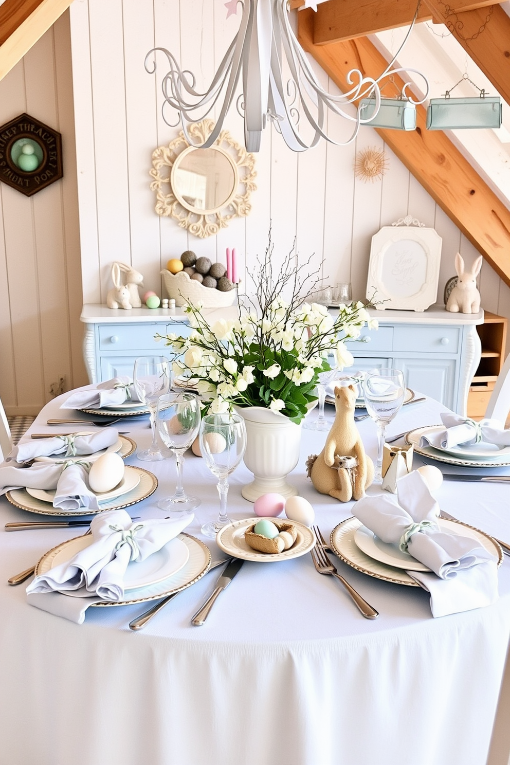 Create a whimsical attic space decorated for Easter. Hanging egg garlands are draped from the wooden rafters, adding a playful touch to the room.