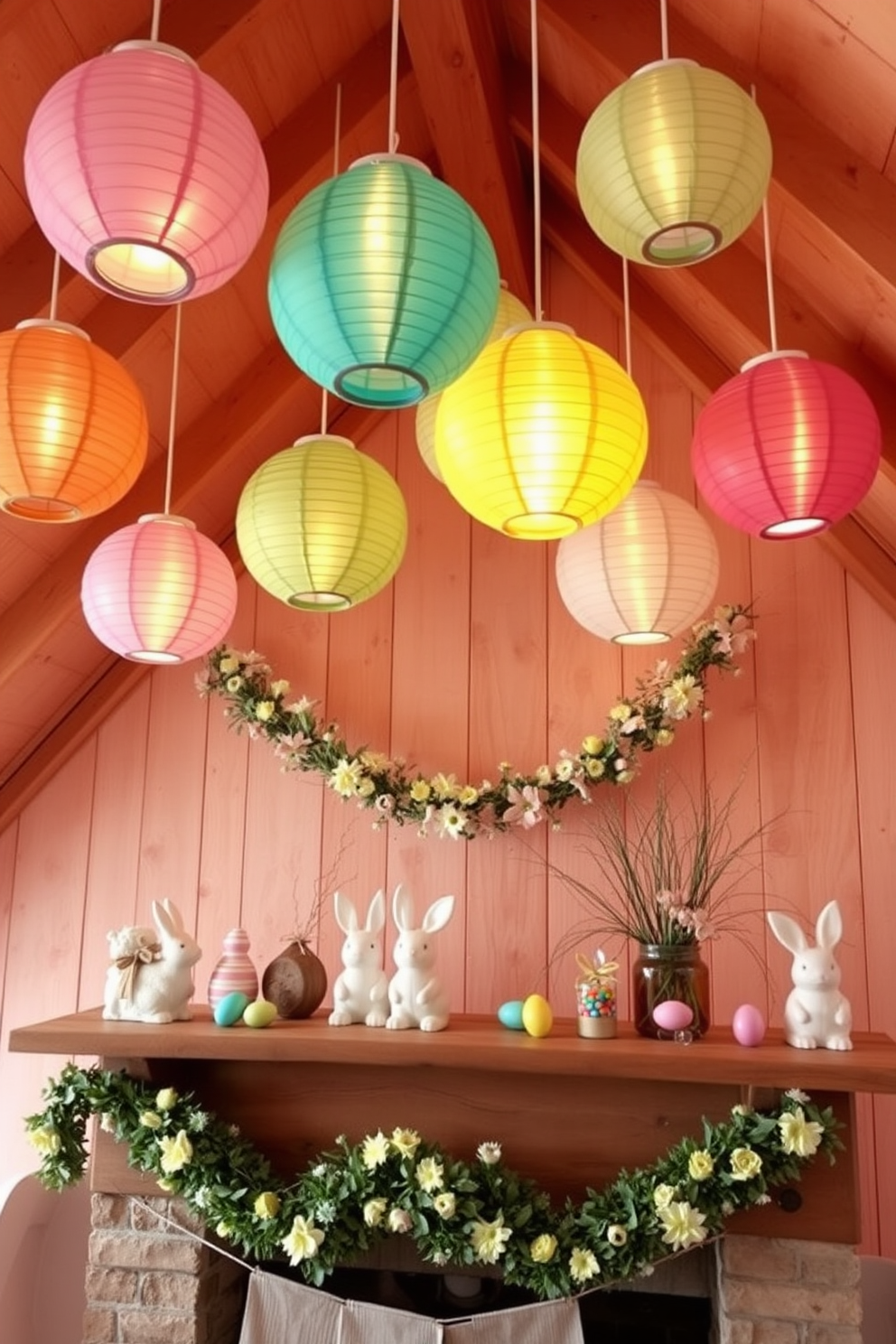 A cozy attic space adorned with hanging paper lanterns in bright colors. The lanterns are suspended from the ceiling, casting a warm and playful glow throughout the room. The decor features pastel Easter themes, including bunny figurines and colorful eggs arranged on a rustic wooden table. A cheerful garland of flowers and eggs drapes across the mantel, enhancing the festive atmosphere.