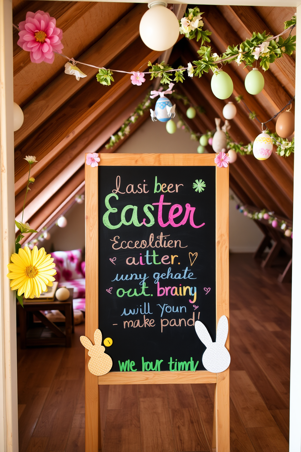 Whimsical bunny wall art adds a playful touch to the attic space. The artwork features soft pastel colors and intricate details, creating a cheerful atmosphere perfect for Easter decorating.