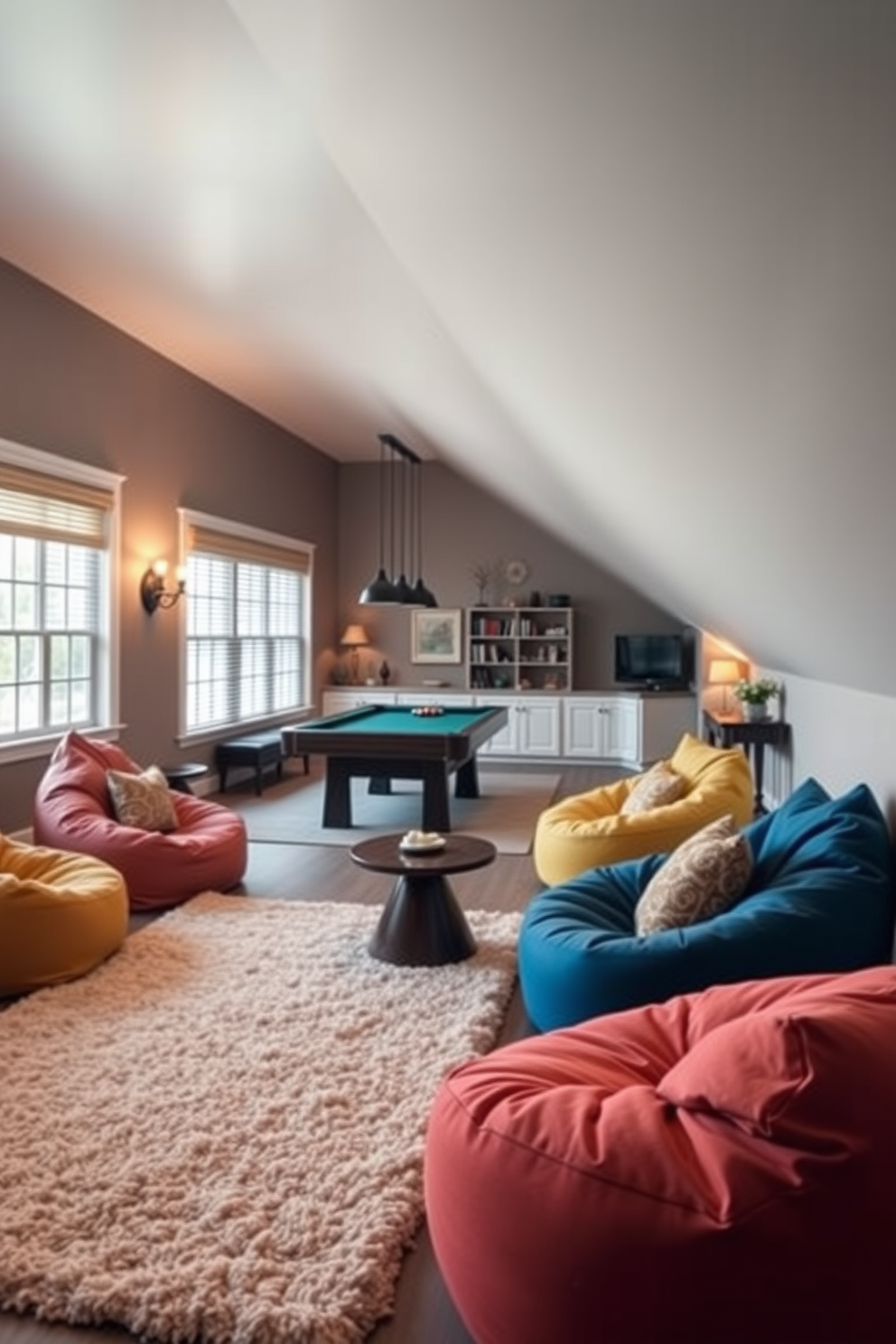 Cozy lounge area with bean bags. The space features soft lighting and a plush rug, creating an inviting atmosphere for relaxation and socializing. Attic game room design ideas. The room includes a pool table and a cozy seating area, with large windows allowing natural light to brighten the space.