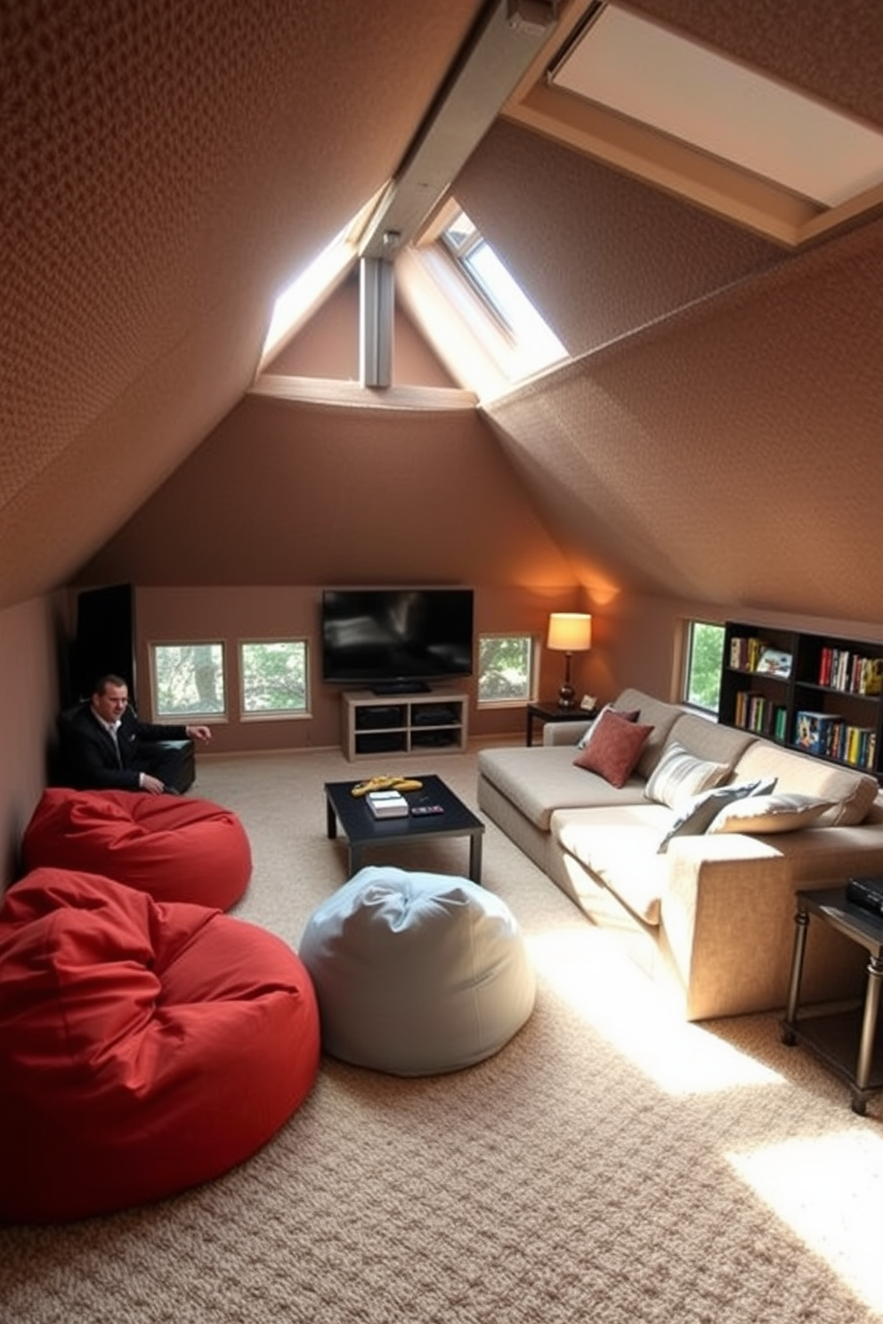 A cozy attic game room designed for quiet play features soundproofing materials such as acoustic panels on the walls and ceiling. Plush carpeting covers the floor to absorb sound, while large windows provide natural light without compromising privacy. The room is furnished with comfortable seating options like bean bags and a sectional sofa arranged around a coffee table. A wall-mounted TV and a gaming console create the perfect entertainment setup, while shelves display board games and books for added enjoyment.