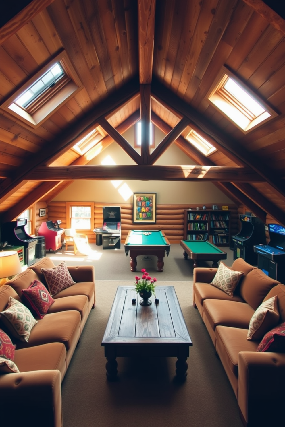 A cozy attic game room featuring rustic wooden beams that add warmth and charm to the space. The room is filled with comfortable seating, a large sectional sofa, and a vintage wooden coffee table at the center. Natural light pours in through skylights, illuminating the rustic decor and creating a welcoming atmosphere. A pool table sits in one corner, surrounded by retro arcade games and shelves lined with board games for entertainment.