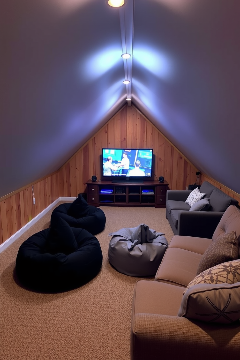 A cozy attic game room featuring a game console station with a sleek entertainment unit. The seating consists of plush bean bags and a sectional sofa, arranged to create an inviting space for gaming and relaxation.