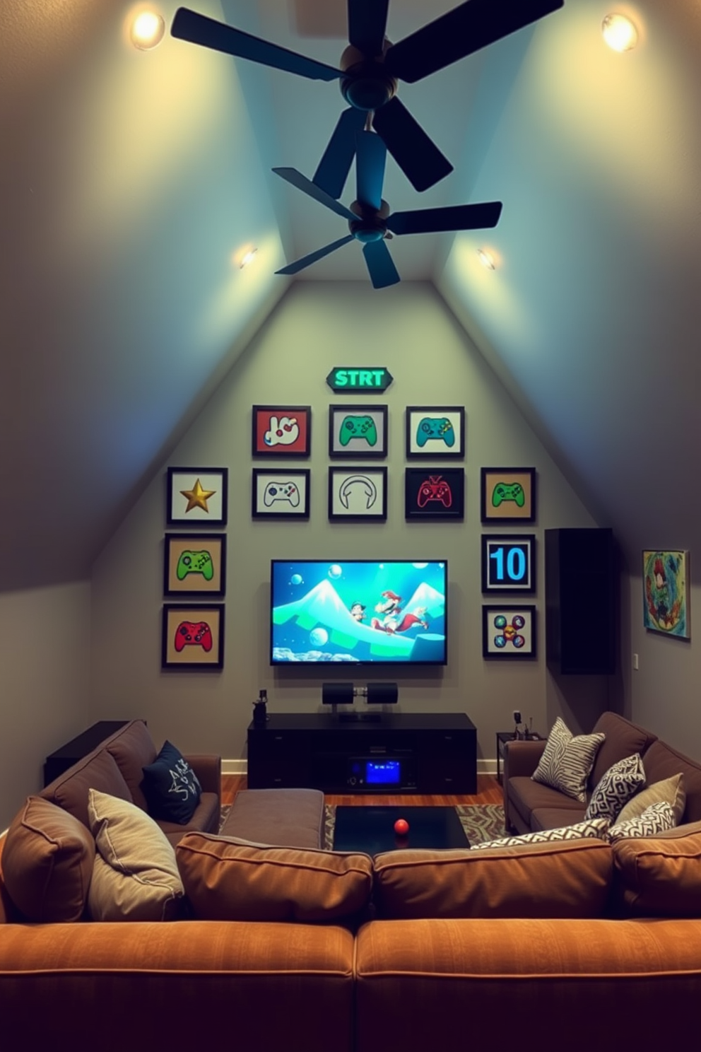 A unique wall art display featuring iconic gaming characters and symbols creates a vibrant atmosphere. The artwork is framed in sleek black frames, adding a modern touch to the playful design. The attic game room is designed with cozy seating arrangements and ambient lighting for an inviting feel. A large sectional sofa faces a wall-mounted screen, perfect for gaming marathons and movie nights.