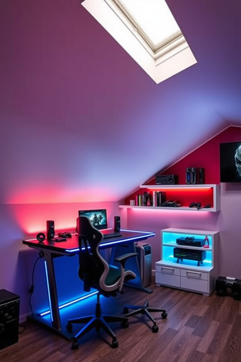 A sleek gaming desk is positioned against the sloped ceiling of the attic, featuring built-in LED lighting that enhances the modern aesthetic. An ergonomic chair with adjustable features complements the desk, providing comfort for long gaming sessions. The walls are adorned with soundproof panels in vibrant colors, creating an immersive atmosphere. Shelves filled with gaming memorabilia and a large screen mounted on the wall complete the space, making it a perfect gaming retreat.