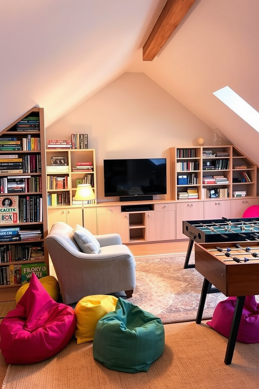 Cozy reading nook with games library. A plush armchair is positioned next to a tall bookshelf filled with various board games and novels. Warm lighting from a vintage floor lamp creates an inviting atmosphere. A soft area rug lies beneath the chair, adding comfort and texture to the space. Attic game room design ideas. The room features a large sectional sofa facing a wall-mounted flat-screen TV for movie nights and gaming sessions. Brightly colored bean bags are scattered around for extra seating, and a foosball table occupies one corner, enhancing the playful vibe of the attic.