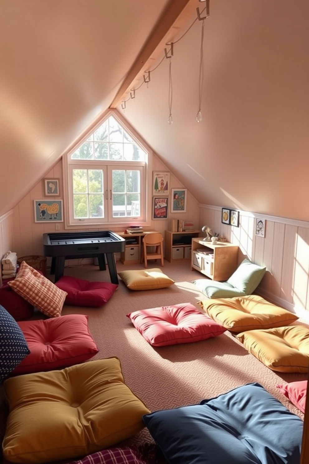 A cozy attic game room featuring floor cushions in various colors for relaxed seating options. The walls are adorned with playful artwork, and a large window allows natural light to flood the space, creating an inviting atmosphere.