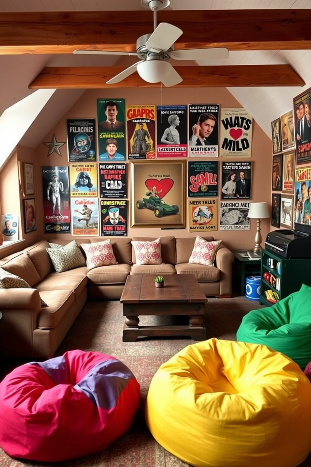 A cozy attic game room filled with vintage charm. The walls are adorned with an array of vintage posters showcasing classic movies and games. A plush sectional sofa invites relaxation while a rustic wooden coffee table sits in the center. Brightly colored bean bags add a playful touch, creating a fun atmosphere for friends and family.