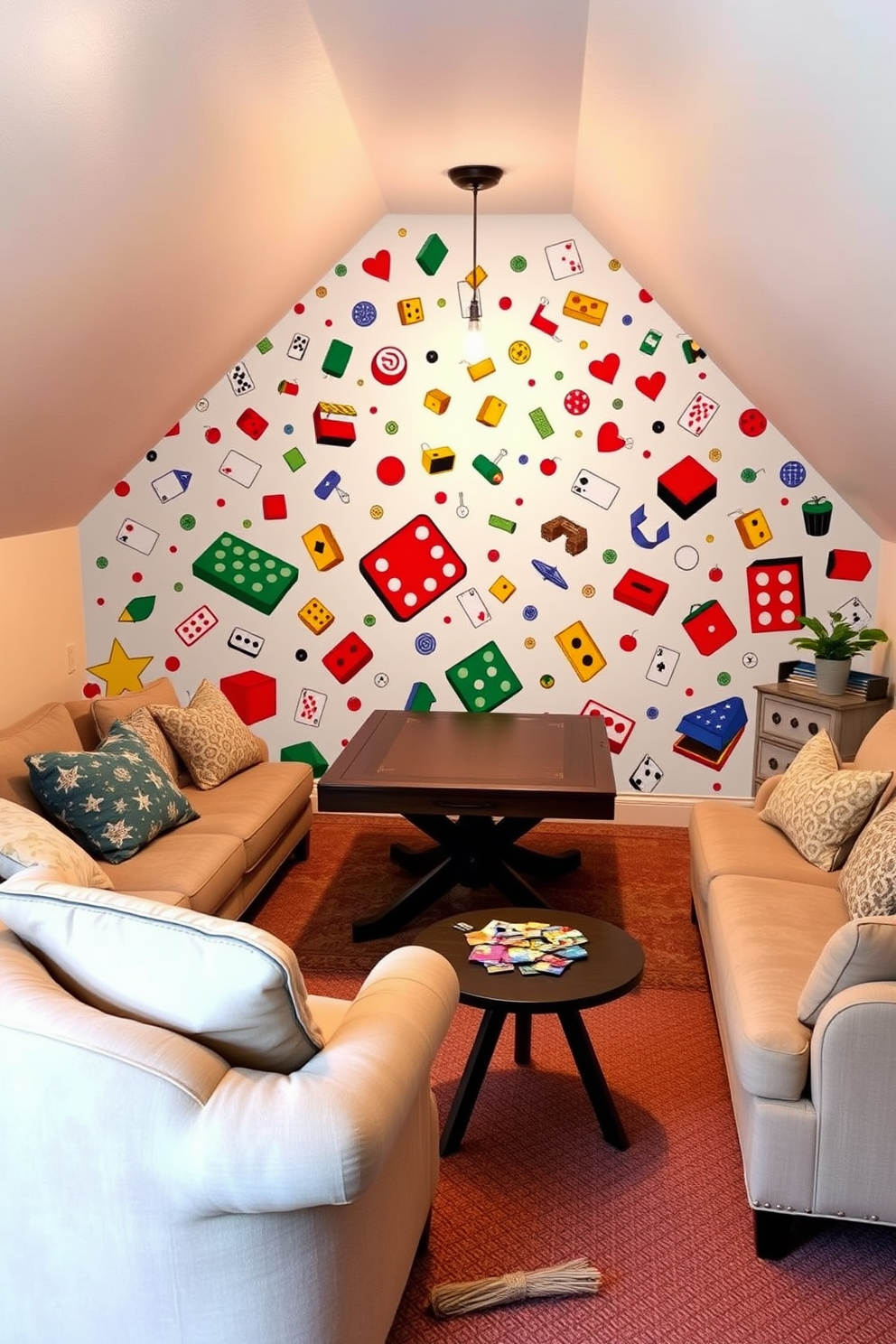 Game night themed mural or wallpaper. The design features vibrant colors and playful illustrations of classic board games, card decks, and dice scattered across a whimsical backdrop. Attic game room design ideas. The space is cozy with plush seating, a large game table in the center, and soft lighting that creates an inviting atmosphere for family and friends to enjoy game nights together.