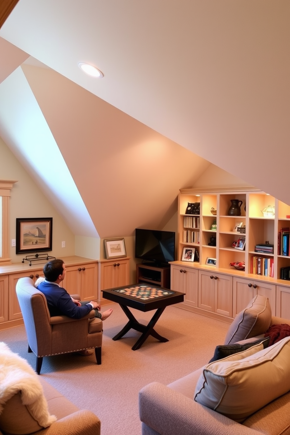 A modern gaming table with built-in storage is the centerpiece of this attic game room. The table features a sleek design with compartments for controllers and games, surrounded by comfortable seating that encourages long hours of play. The walls are adorned with vibrant artwork and gaming posters, creating an energetic atmosphere. Soft LED lighting illuminates the space, while plush rugs provide comfort underfoot for an inviting gaming experience.