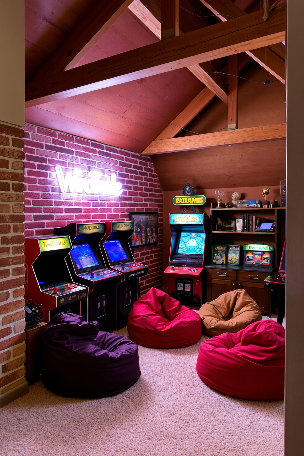 A vintage arcade game corner setup features a collection of classic arcade machines against a backdrop of exposed brick walls. Soft neon lighting illuminates the space, creating a nostalgic atmosphere while a cozy seating area with retro bean bags invites players to relax. The attic game room design includes sloped ceilings adorned with wooden beams, enhancing the rustic charm. A plush carpet covers the floor, while shelves display board games and trophies, making the room a perfect blend of fun and comfort.