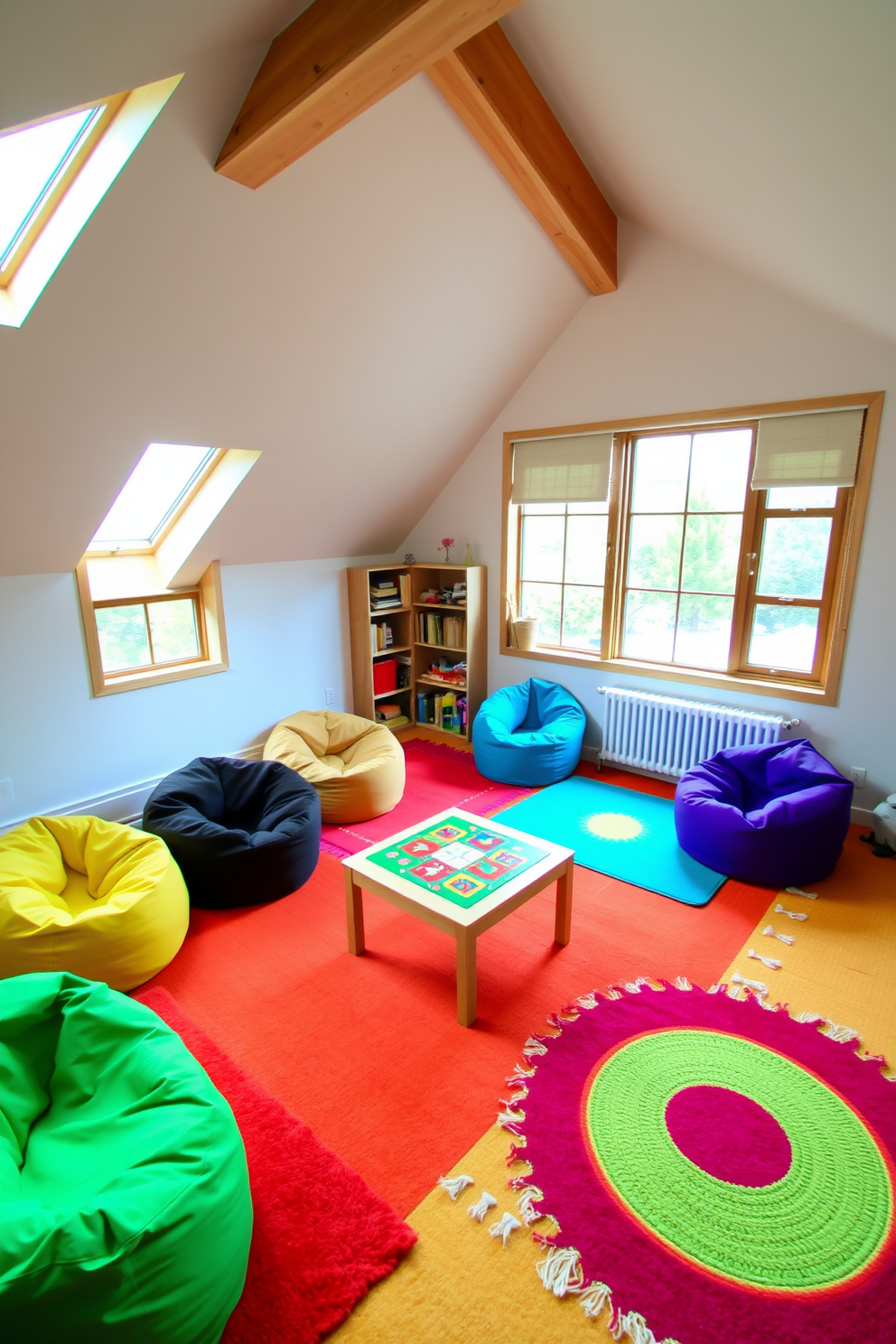 Bright rugs to define play areas. The room features a cozy attic space with sloped ceilings and large windows allowing natural light to flood in. Colorful bean bags are scattered around the room, inviting relaxation and play. A small table in the center holds board games and art supplies, creating an engaging environment for children.