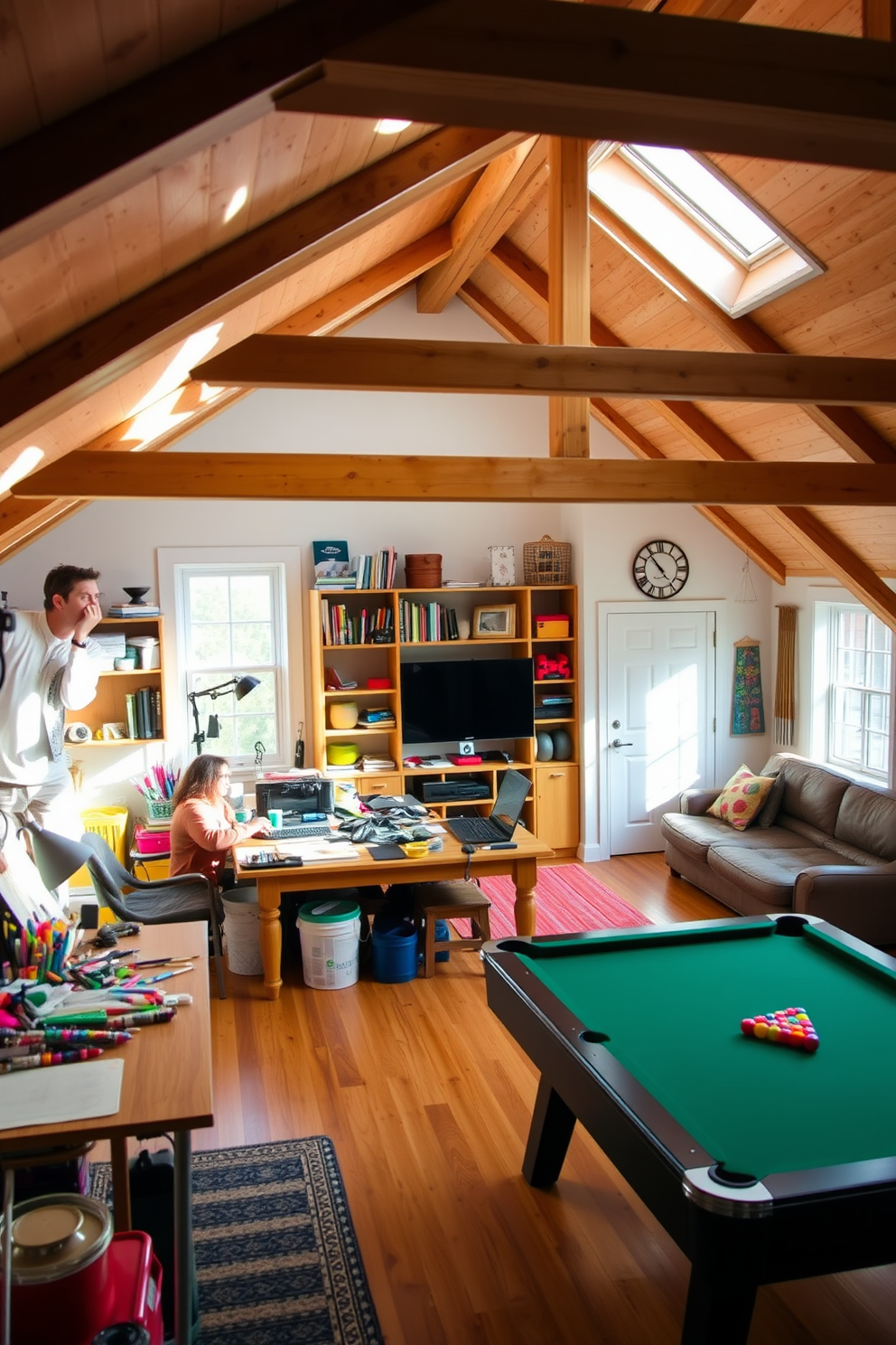 A cozy DIY craft corner filled with natural light. There is a large wooden table covered with colorful supplies and tools, surrounded by shelves filled with organized craft materials. A fun and vibrant attic game room designed for relaxation and entertainment. The space features a comfortable sectional sofa, a large gaming console, and a pool table under exposed wooden beams.