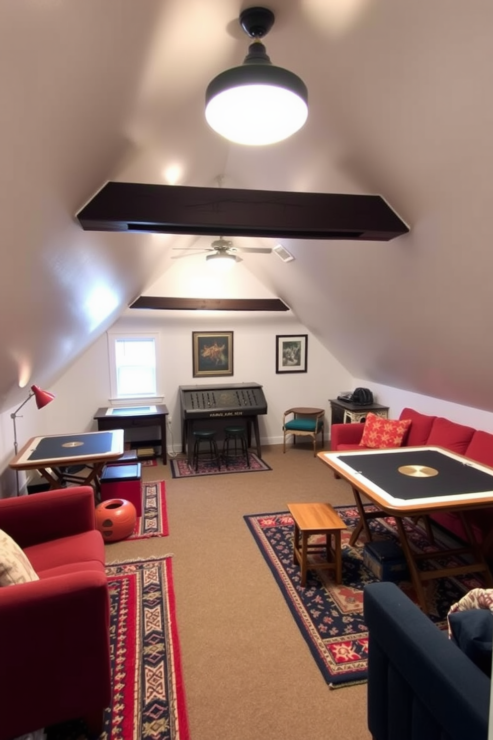 A cozy attic game room features folding tables that can be easily set up for various games. The space is adorned with comfortable seating, colorful rugs, and strategic lighting to create an inviting atmosphere.