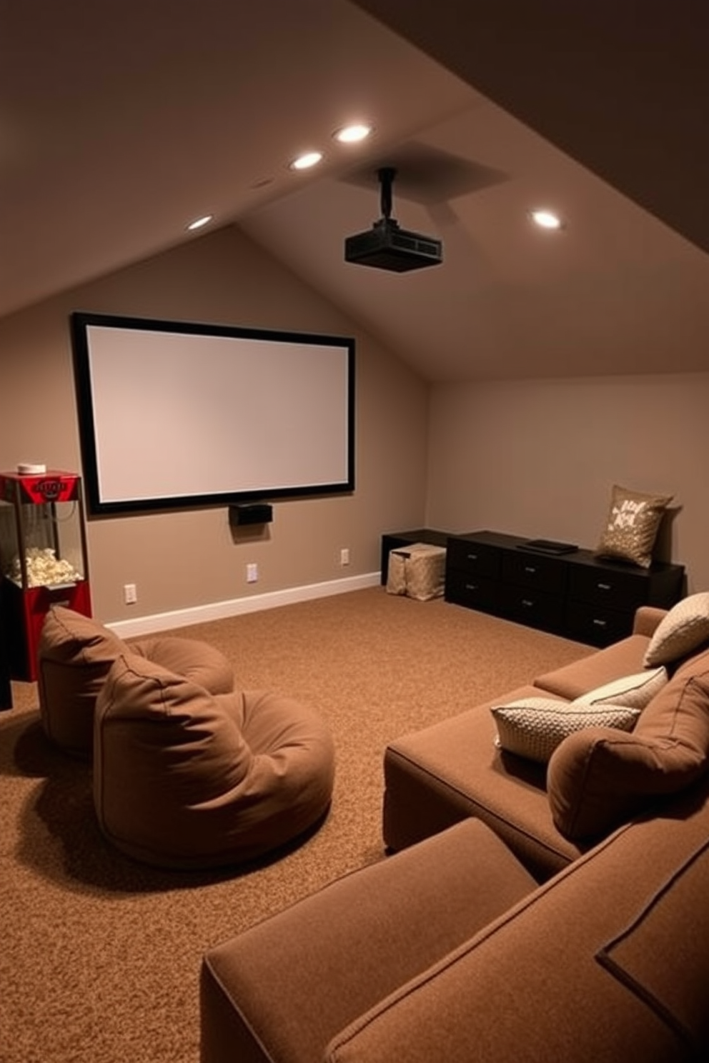 A cozy attic game room designed for movie nights. The room features a large projector screen mounted on the wall, surrounded by comfortable seating arranged in a semi-circle. Soft ambient lighting creates a warm atmosphere, while plush bean bags and a sectional sofa provide ample seating for guests. A small popcorn machine sits in the corner, adding a fun touch to the entertainment experience.